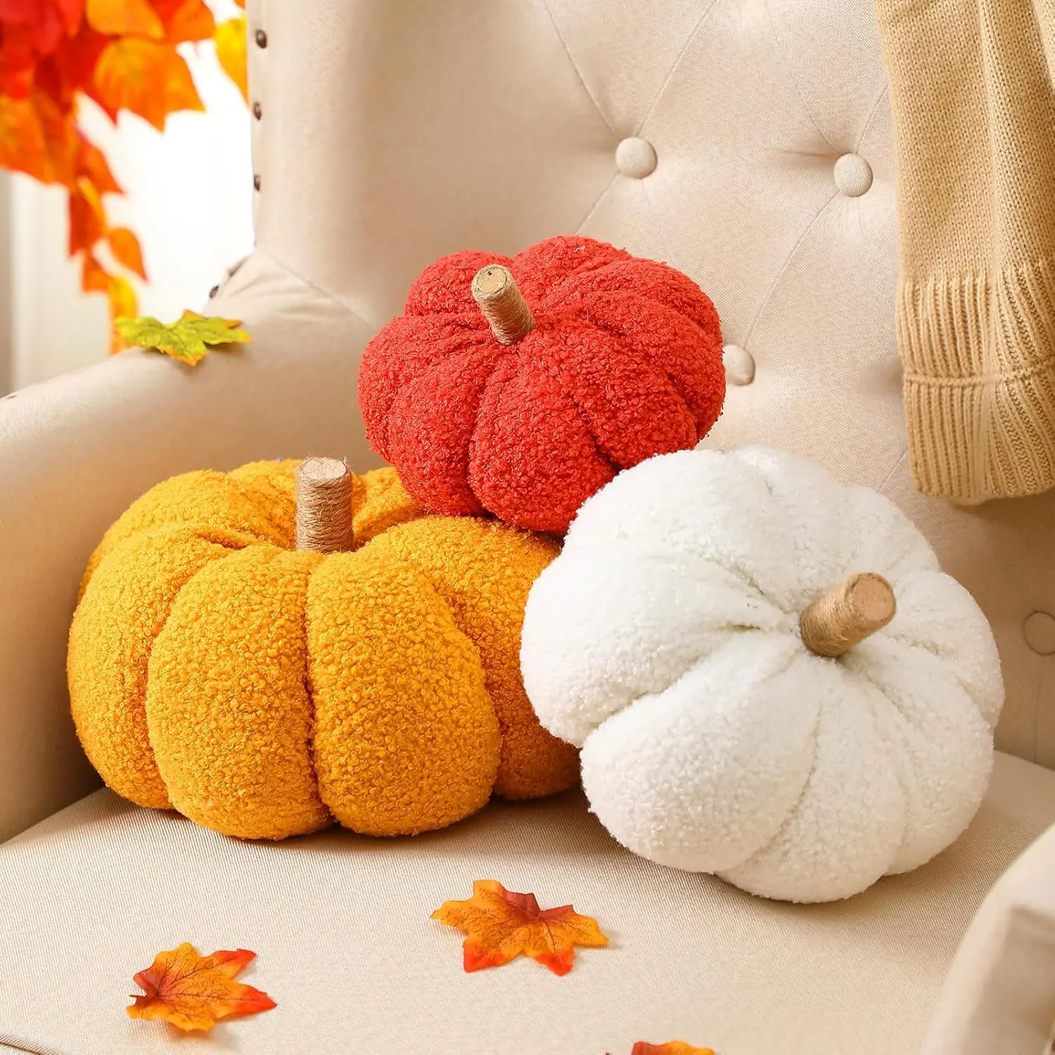 3 count Fall Pumpkin Pillow Plush Halloween Pumpkin Throw Pillow  Sherpa Decoration Stuffed Fall Decorative Pillows Cushion for Thanksgiving Bedroom Couch Sofa (Classic Color)