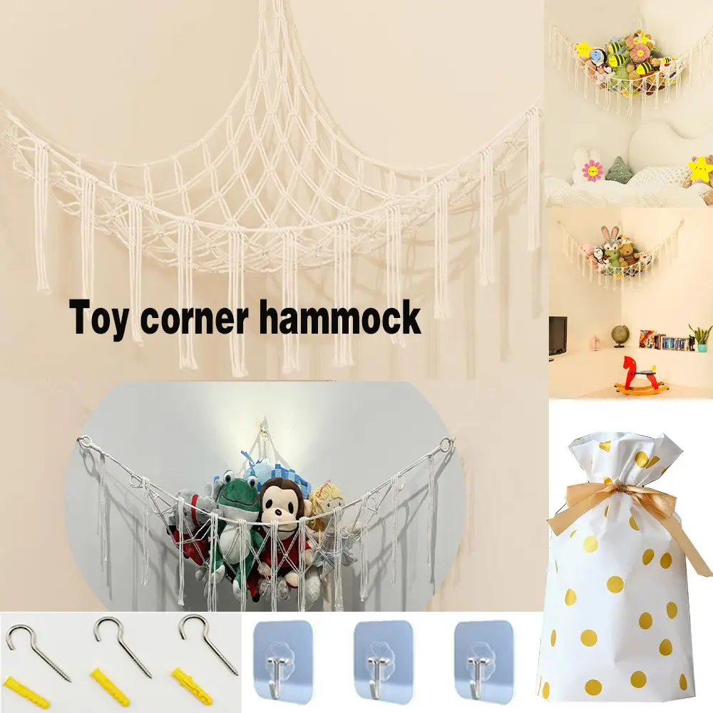 Boho Style Animal Storage Hammock, Handwoven Fringe Doll Net, Large Corner Wall Hanging, Teddy Bear Display, Kids Bedroom Organizer