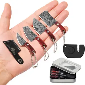 Mini Knife Set, Damascus Pocket Knife with Sharpener, Mini Chef EDC Knives, Tiny knife Cleaver Keychain Tiny Things for Package Opener, Box Cutter, Letter Opener - Set of 4