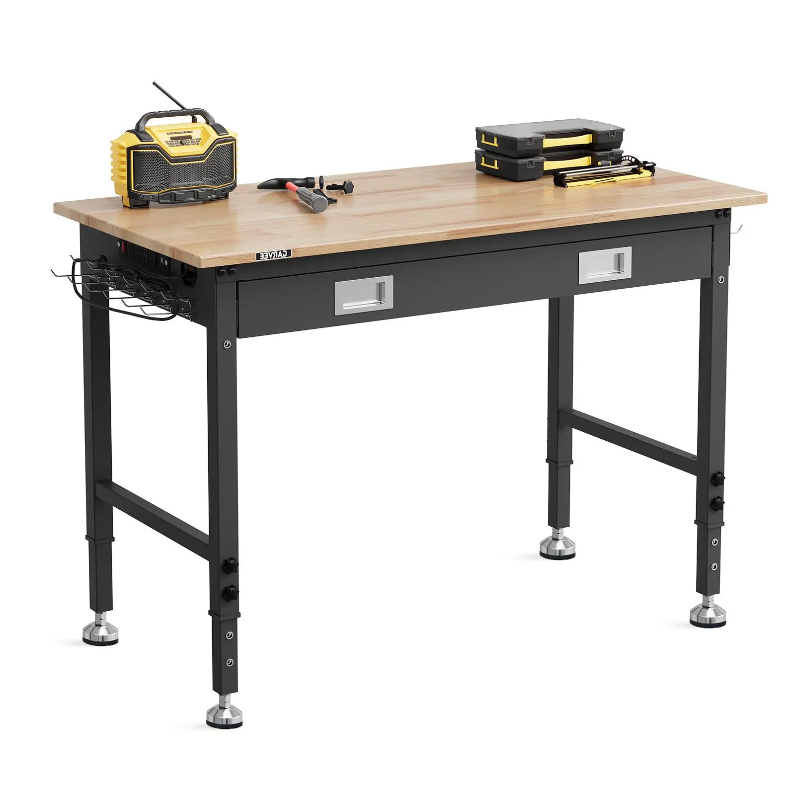 Garvee 48×24in Heavy-Duty Height Adjustable Workbench, 2000 LBS Load, Solid Rubberwood Top, Steel Frame, Storage Drawer, ETL Power Strip, Pegboard with Hooks & Leveling Feet