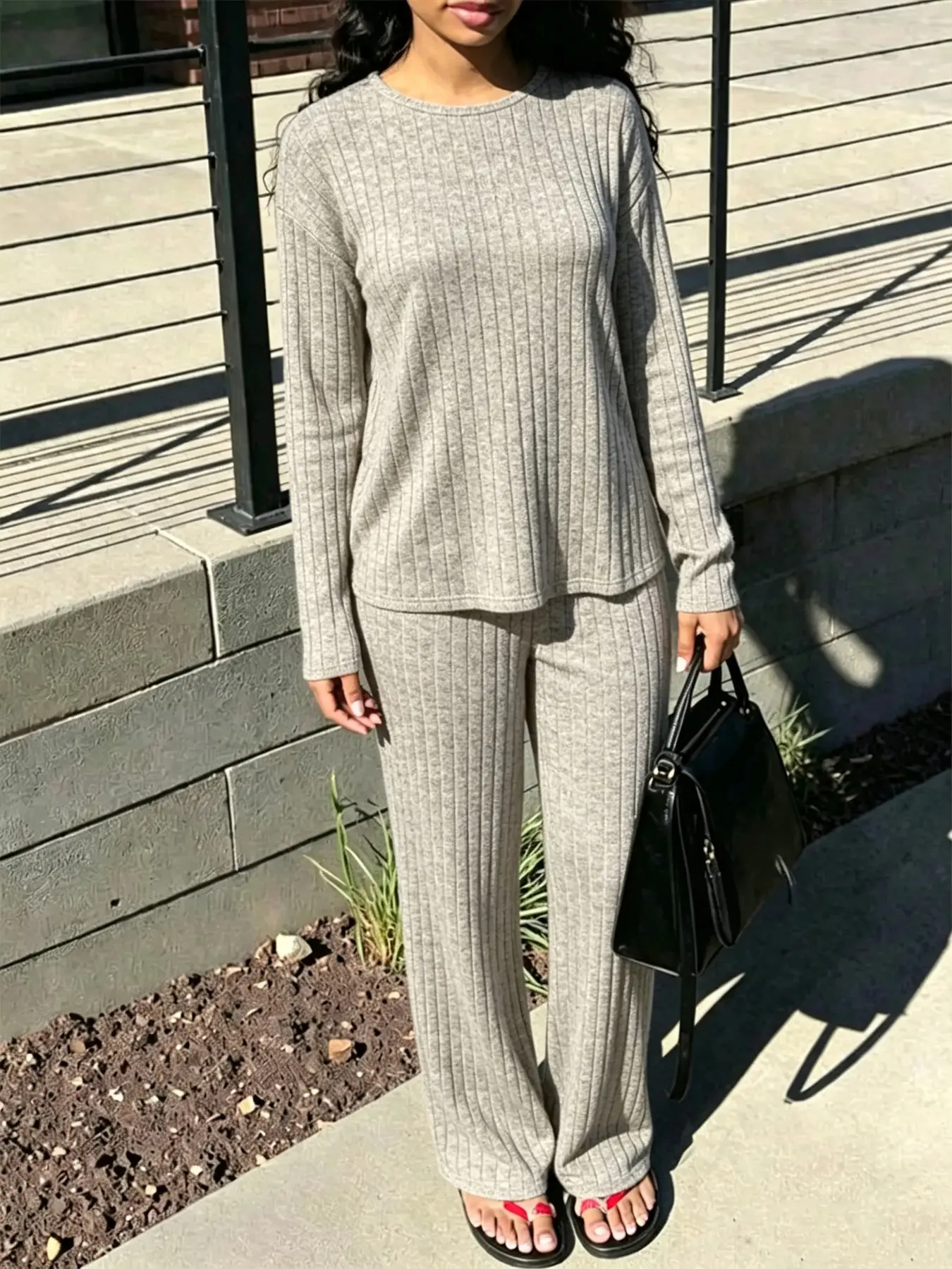 Women's Vertical Rib Knit Two-Piece Outfit, Crew Neck Long Sleeve Top + Wide Leg Pants, Solid Color Casual Matching, Suitable For Daily Travel & Loungewear, Women's Set Clothes