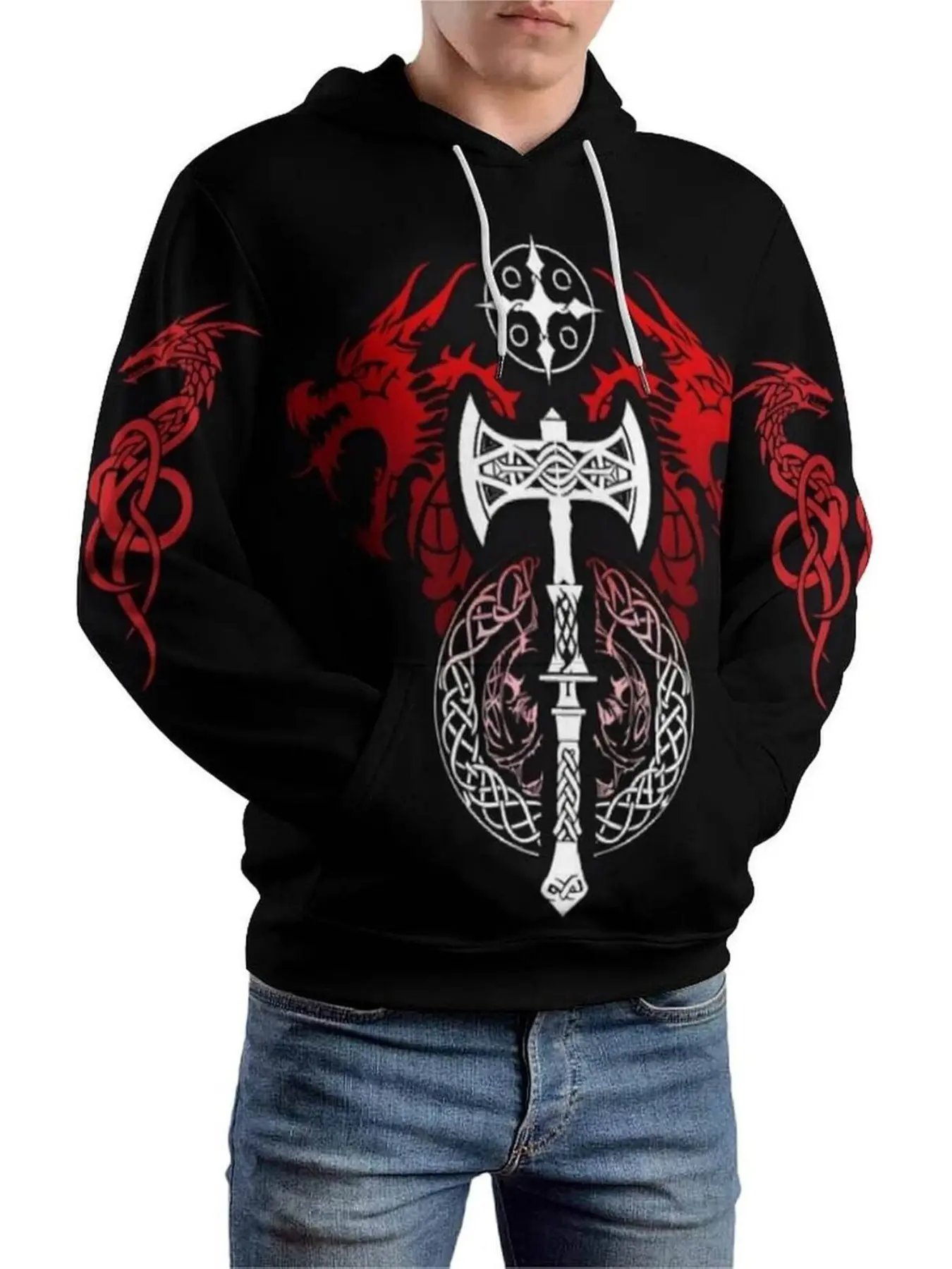 Viking Axe Red Dragon Celtic Knot Totem Dark Hoodie for Men