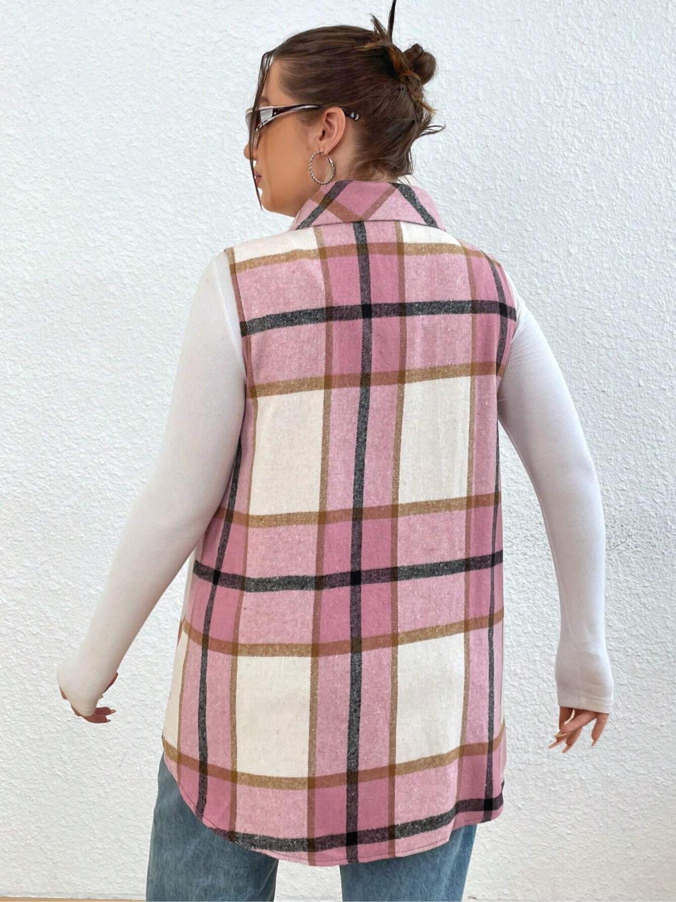 Plus Size Women's Plaid Casual Notched Neck Vest Jacket (fake Pockets), Button Front, Fitted Sleeveless Design, Fall & Winter Fashion