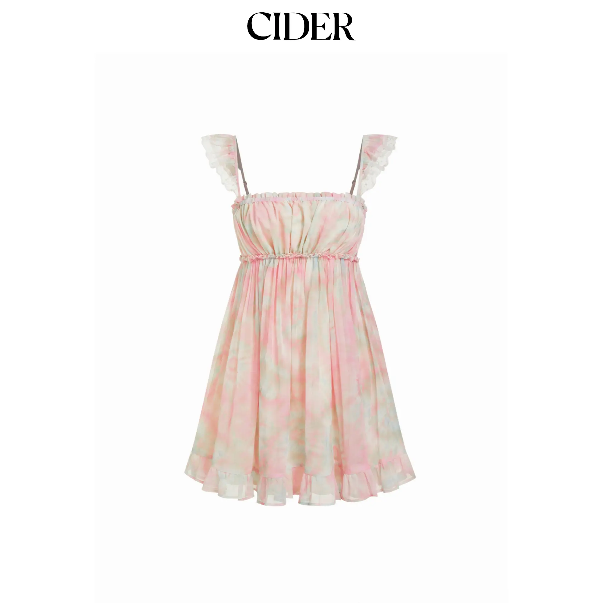 Cider Chiffon Lace Ruffle sleeve Abstract Ruched Smock Dress SohoChic