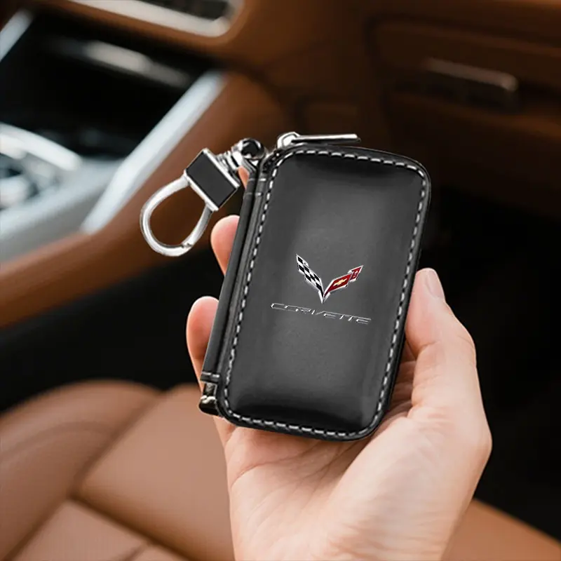 Leather Square Zip Key Pouch, Car Key Holder, Two Colors, Durable Hook, Portable Scratch-Resistant, for Corvette C8 Stingray E-Ray Z06 Zr1 C5 C6 C7