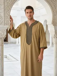 Moroccan Traditional Men's V-Neck Embroidered Long Robe Jubbah, Loose-Fitting 3/4 Sleeve, Wedding Festival Wear, Gift Idea