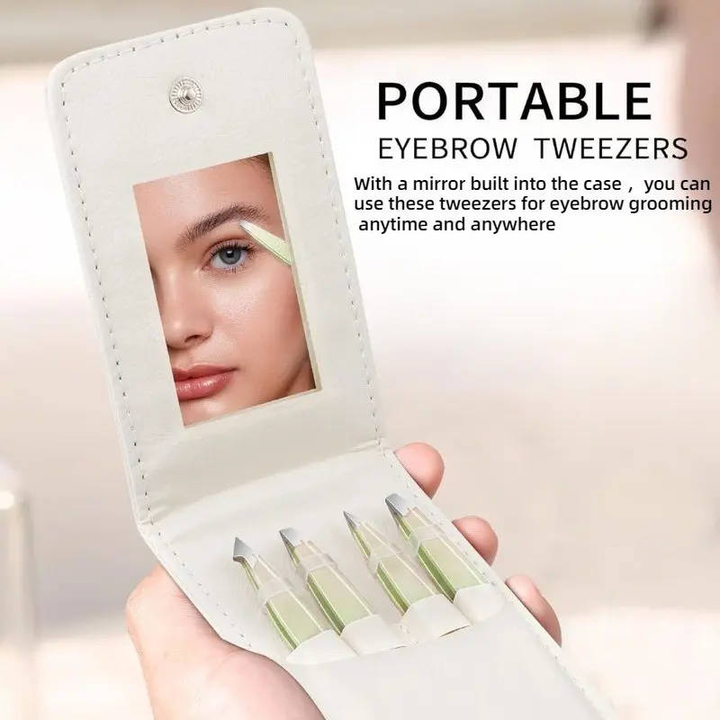 4 Pcs Gradient Green Eyebrow Tweezers with PU Storage Bag, Non-Slip Arc Handle, Precision Hair Remover, Home Beauty Tools