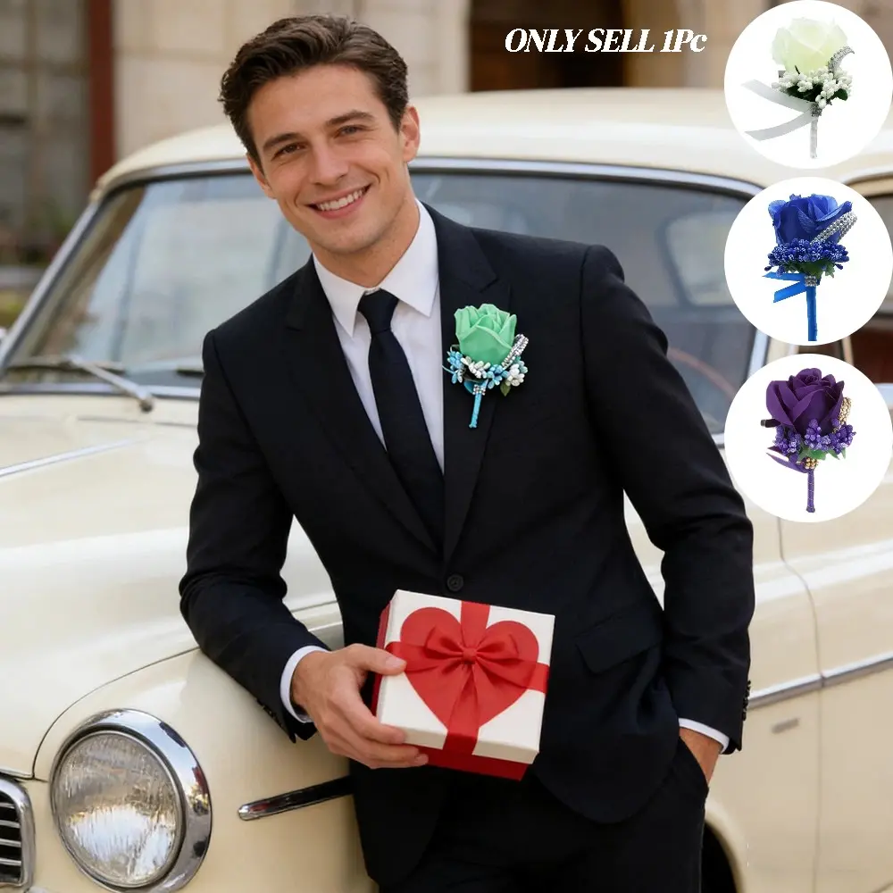 1Pc Artificial Rose Boutonniere for Groom, 3D Rose with Berry Foliage, Pin-on Corsage for Suit & Tuxedo, Boutonniere Prop for Wedding Photoshoot, Decorative Flower for Anniversary Ceremony, Floral Accessories for Guests at Western Wedding