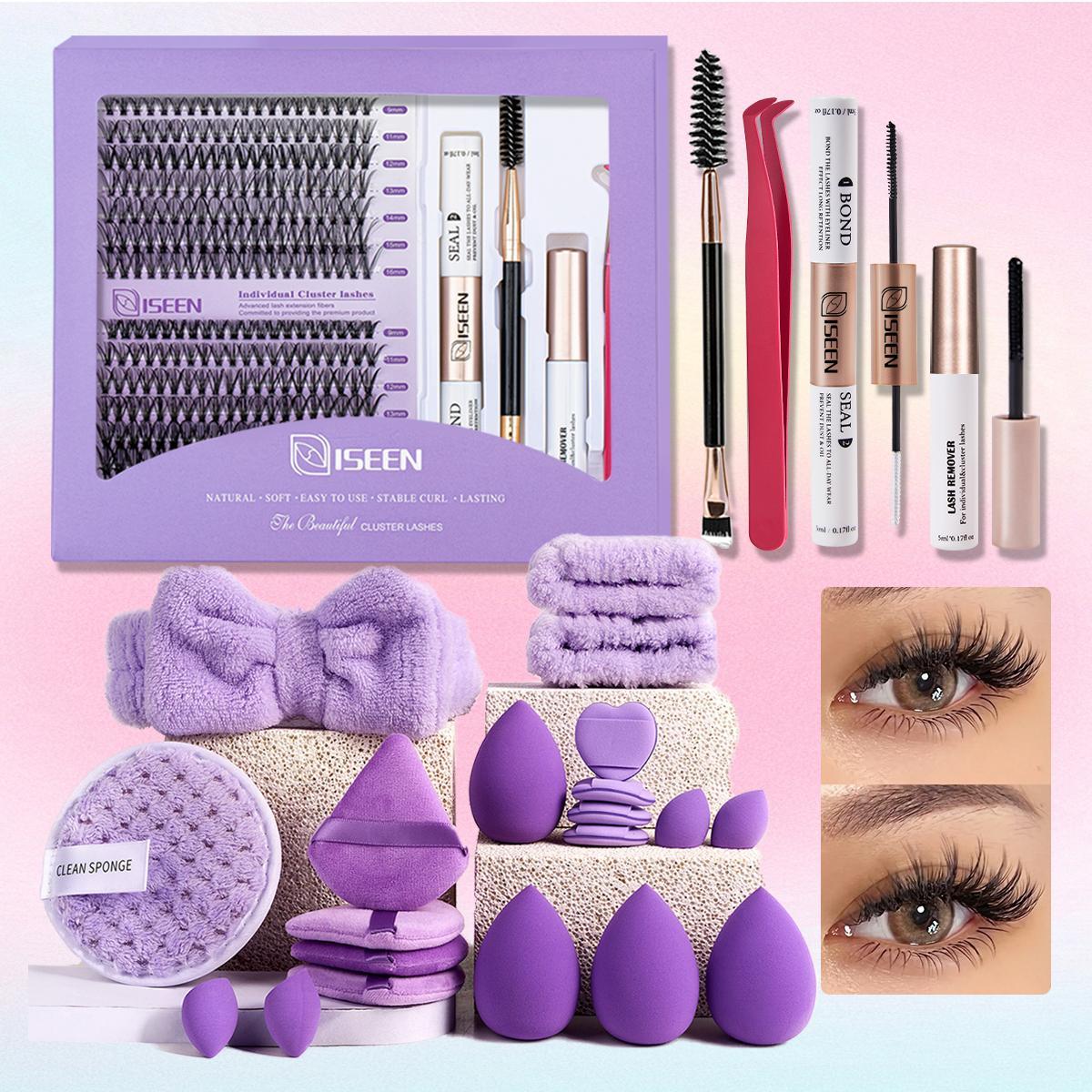 False Eyelashes Kit, 1 Set D Curl Eyelash Clusters, Fluffy Eyelash Clusters with Eyelash Glue, Remover, Brush & Tweezers, Eyelash Extension Kit for Women & Girls, Volumized False Eyelashes