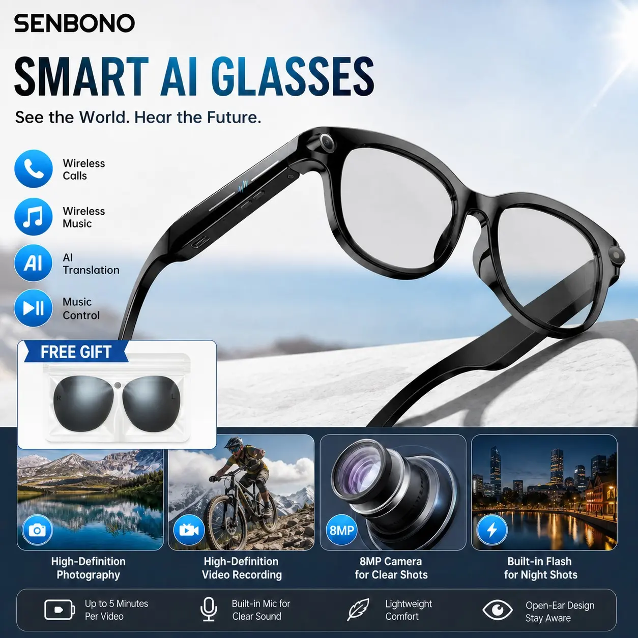 Multifunctional Smart Wireless Glasses Ai Translation, Object Recognition, 8mp HD Camera, Bluetooth-compatible Call, Music Control, WiFi 6, Lightweight 39g Wearable Glasses