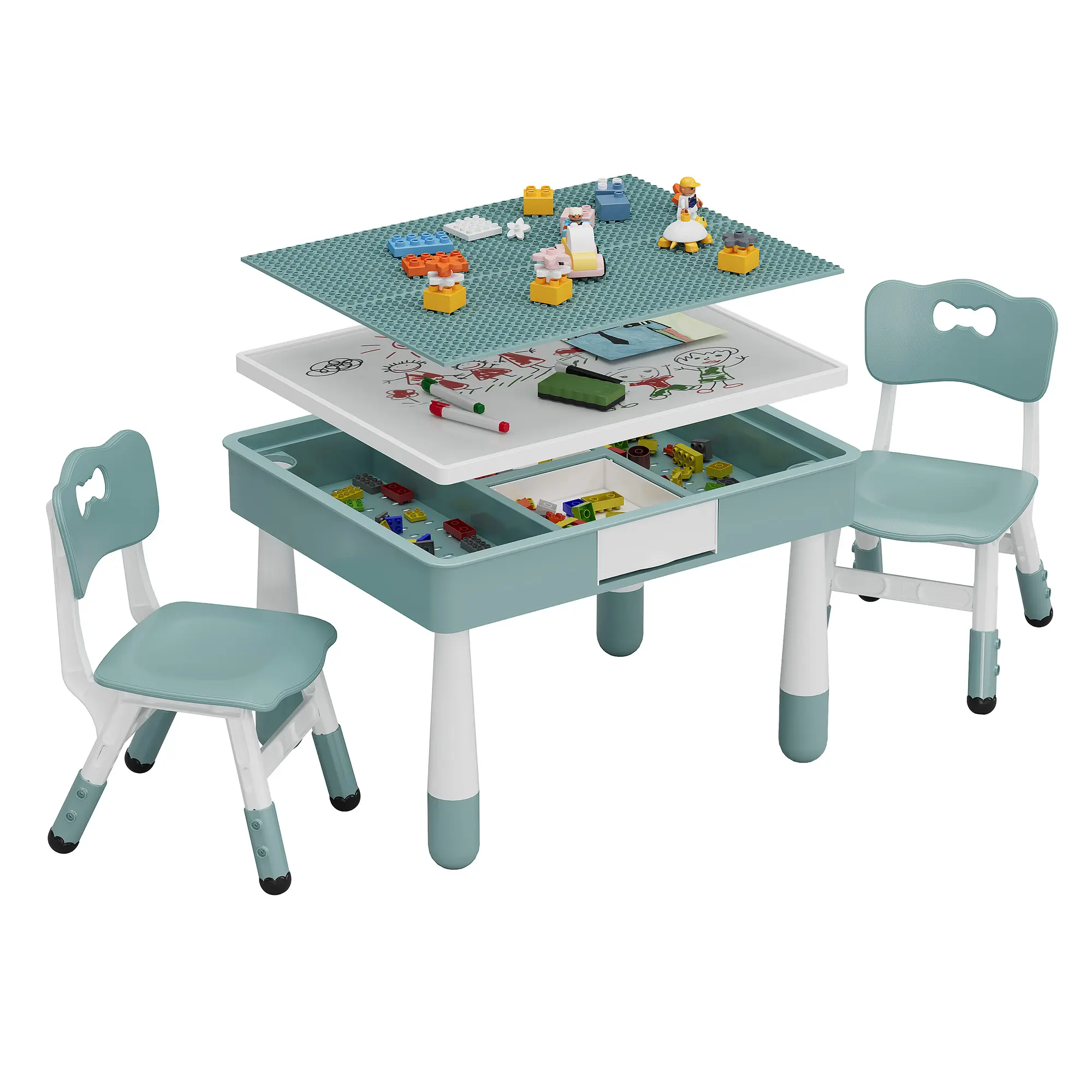 GARVEE 4-in-1 Kids Nursery Furniture Set - Double-Sided Large Building Block Play Table, Art Desk, 2 Chairs, Adjustable Toddler Seats for Ages 3-10, Multi-Use for Drawing & Eating, Ideal Gift