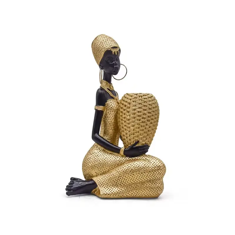 African Woman Statue with Vase, Resin Tribal Lady Decor, Ethnic Art Decoration for Home Living Room Desk Shelf, Decorative Statues