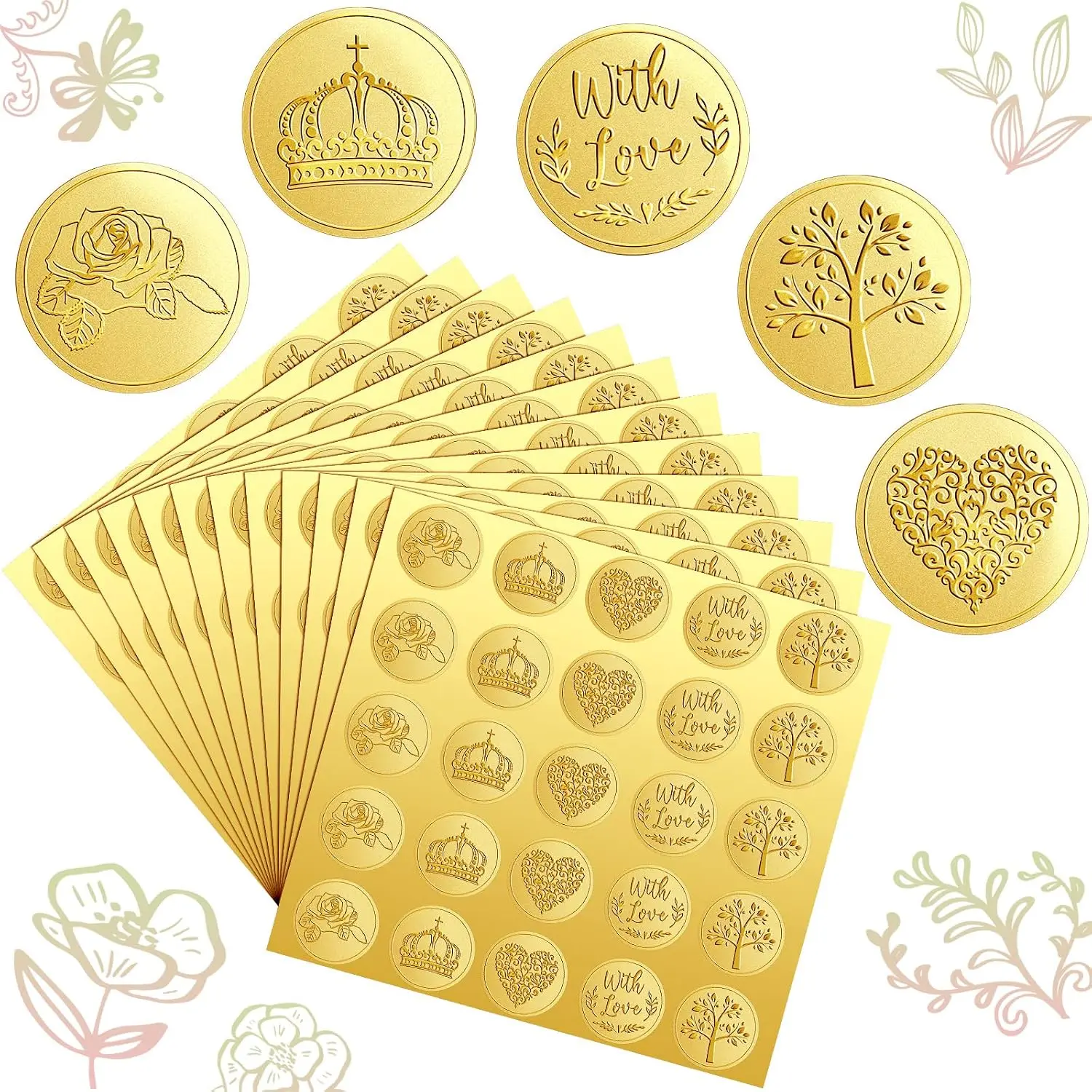 500 count  Embossed Envelope Seals Stickers Adhesive  Embossed Foil Certificate Seal  DIY Labels for Wedding Invitations Envelopes, 5 Patterns (Elegant Style)