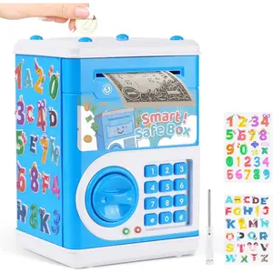 Piggy Bank for Kids, Mini ATM Bank with Password for Boys Girls, Money Saving Box with Auto Grab Bill Slot, Cash Coin Can Money Safe Toy, Birthday for Age 3-12, Blue