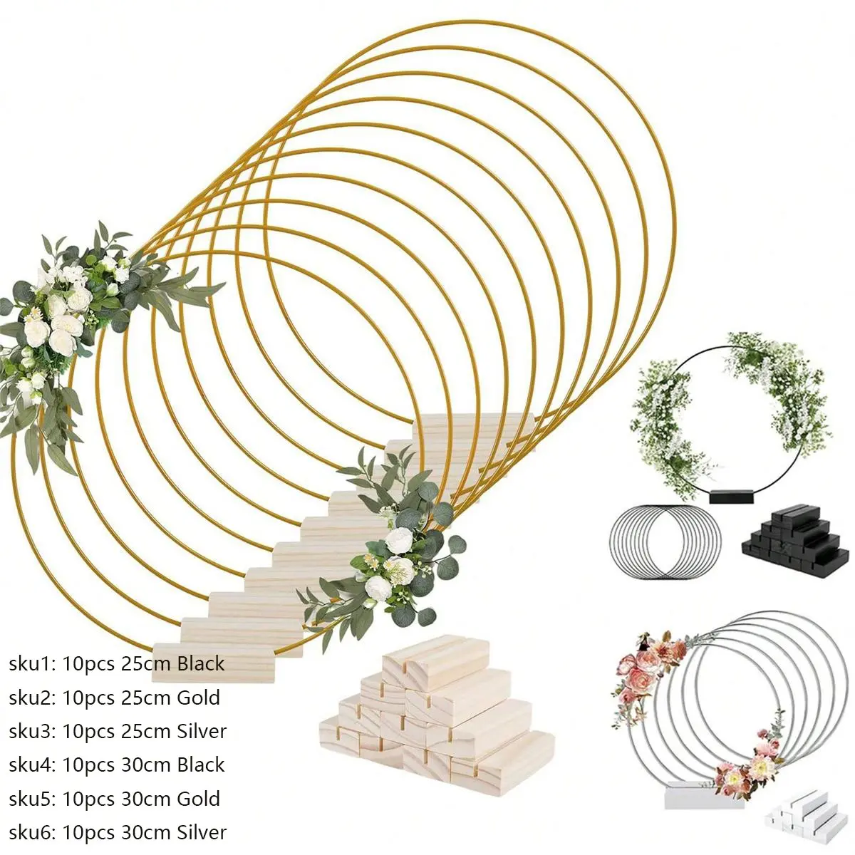 10pcs Wreath with Base Centerpiece Decor, Table Centerpieces Decor, 10/12 Inch, Wedding Party, DIY Table Centerpiece, Wall Hanging Art (Black/Gold/Silver)