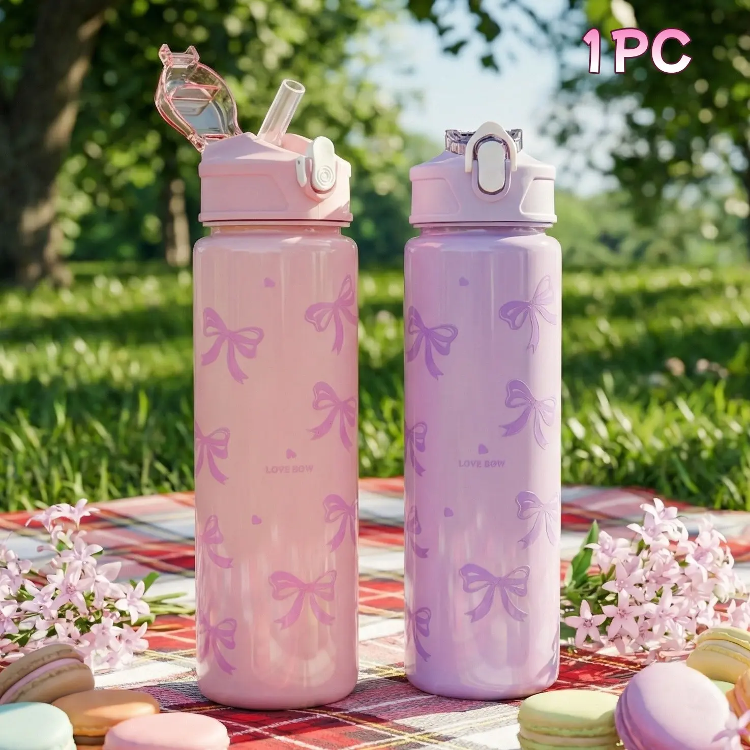 800ml Bow Design Plastic Lightweight Portable Reusable Water Bottle, Pop Up Flip Spout Leak Proof Straw Cup, Pink Purple Cute Aesthetic Travel Water Jug, Back To School Daily Drinkware, Valentine Christmas Gift For Teen Girls Women