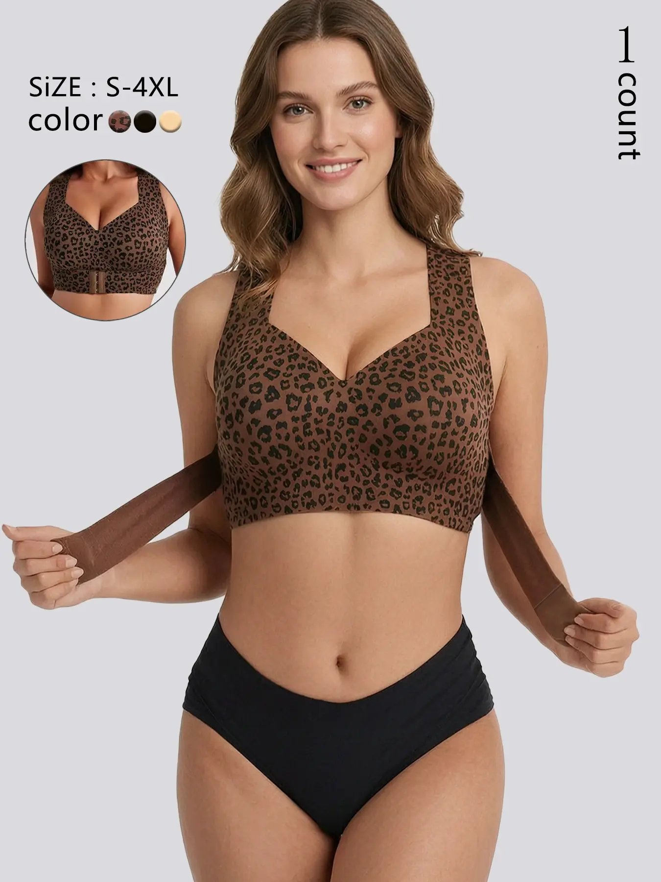 Women's Leopard Print Sports Bra, Front Buckle, Wide Straps, Max Support, Push Up, Comfortable Lingerie, Yoga, Fitness, Daily Wear