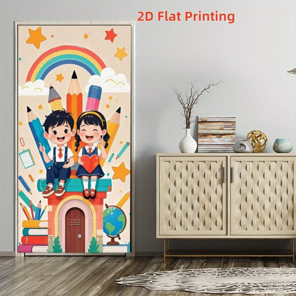 2D Flat Banner 1pc Rainbow Pencil Stationery Door Banner, Book Globe Heart Print Decorative Door Curtain, Polyester Material, Multiple Sizes Available