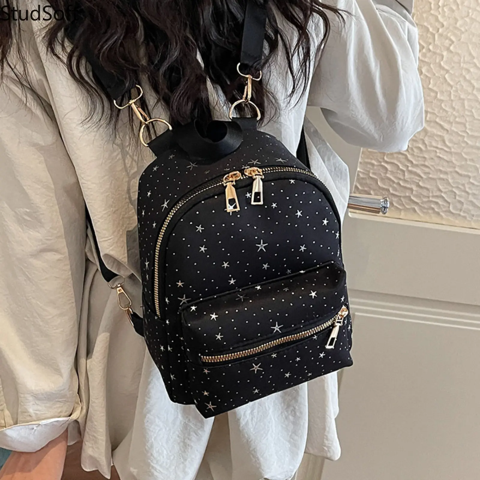 Women's Nylon Star Printed Mini Backpack - Casual, Functional, Portable, Dustproof, Convertible Hands-Free Bag, Multifunctional Crossbody/Shoulder Purse for Daily College Travel, Casual Backpacks, Convertible Hands-Free Backpacks