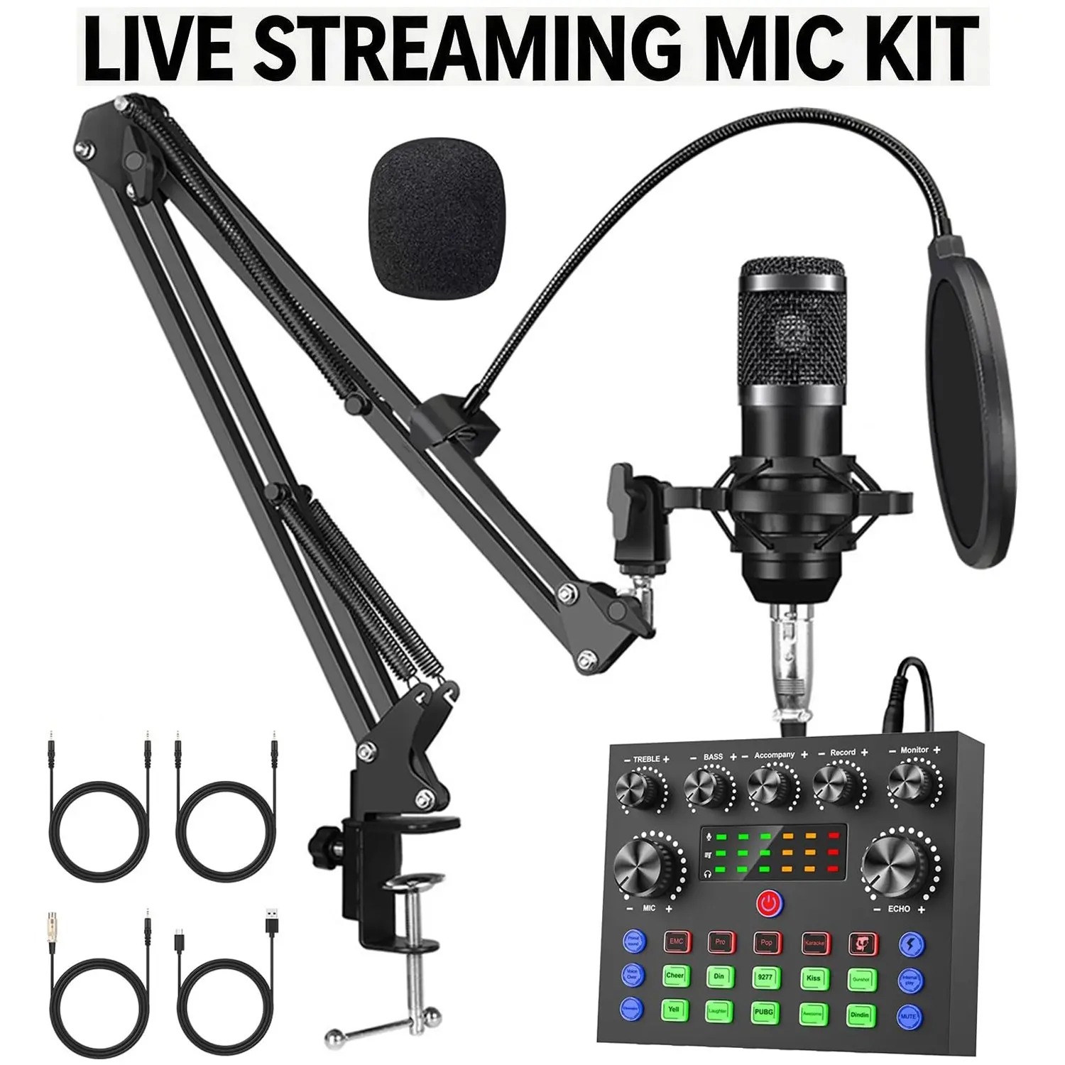 Sound Card Podcast Device Set, Multi-In-One Live Sound Control, BT Connection, RGB Ambient Light, Audio Interface, Bm-800 Condenser Mic, Recording Kit