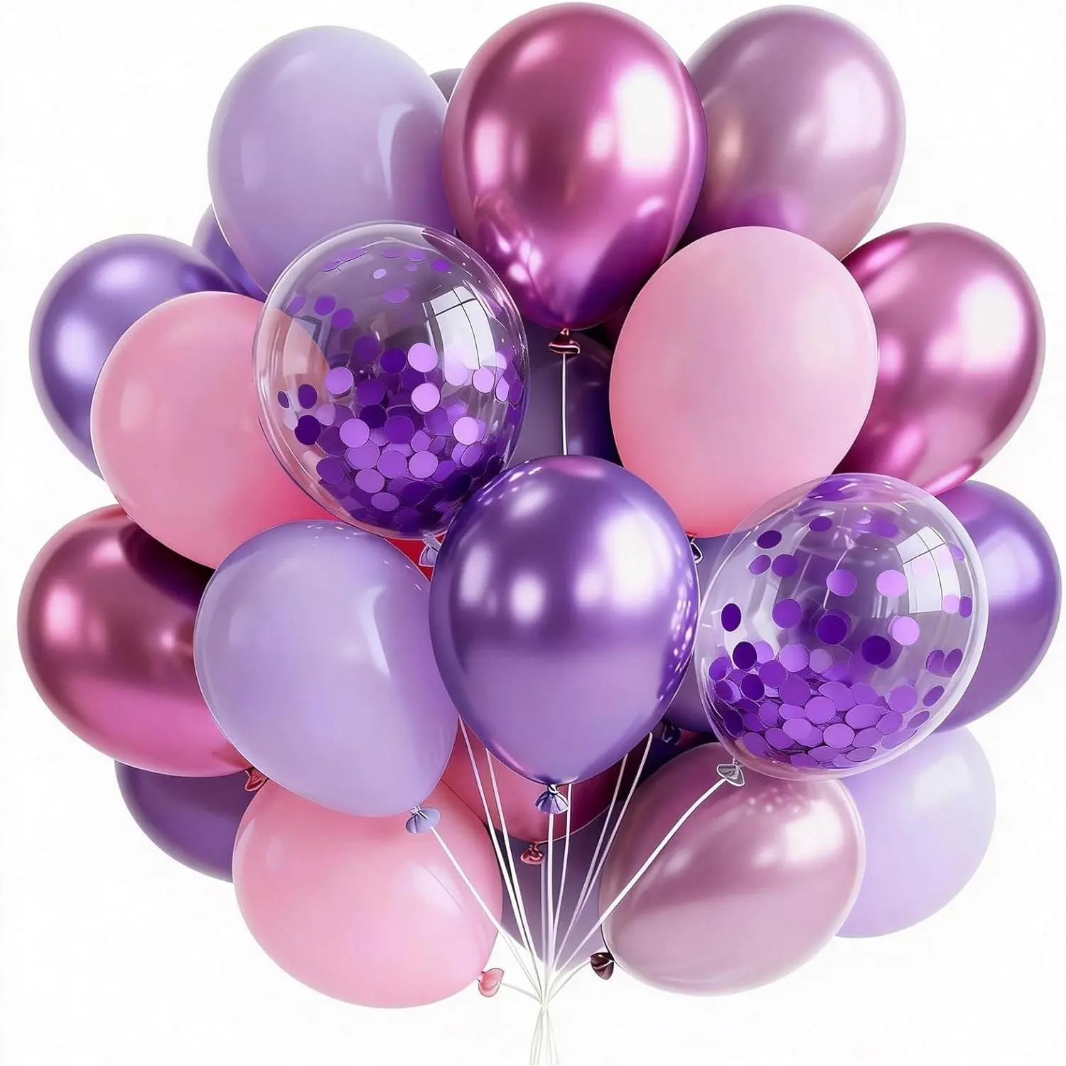 Thick Floatable Pink, Purple & Metallic Balloons Set (66pcs) with Pastel Lavender, Lilac Confetti – Princess Event Decor for Birthday, Anniversary Party Theme Supplies