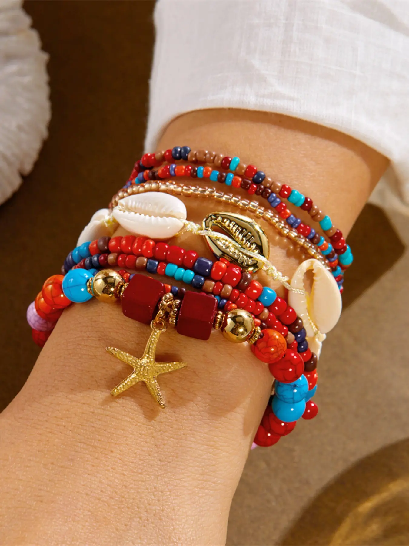 Women's Bohemian Beach Stackable Beaded Bracelet Set, Multi-Layer Shell Star Elastic Wristband, Summer Vacation Jewelry Gift, Elastic Bracelets