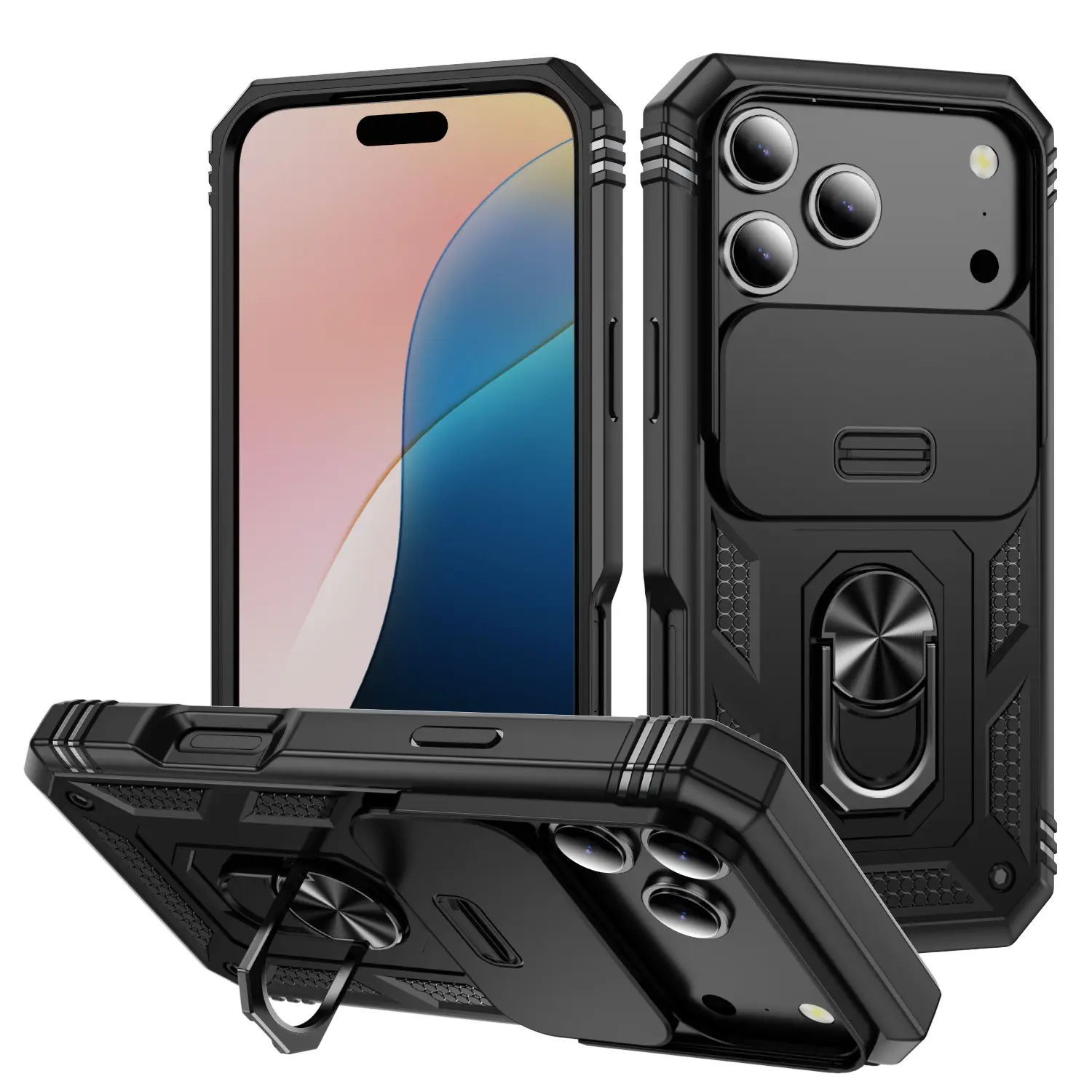 Military Grade 3-in-1 Heavy Duty Phone Case, Slide Lens Cover Shockproof Armor with Ring Holder Kickstand, Outdoor Multi Colors Phone Accessory