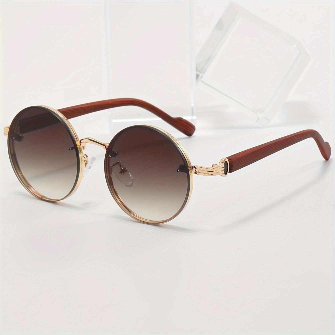 Men Retro Round Decorative Glasses Metal Full Rim Faux Wood Grain Temples Vintage Lightweight Eyewear