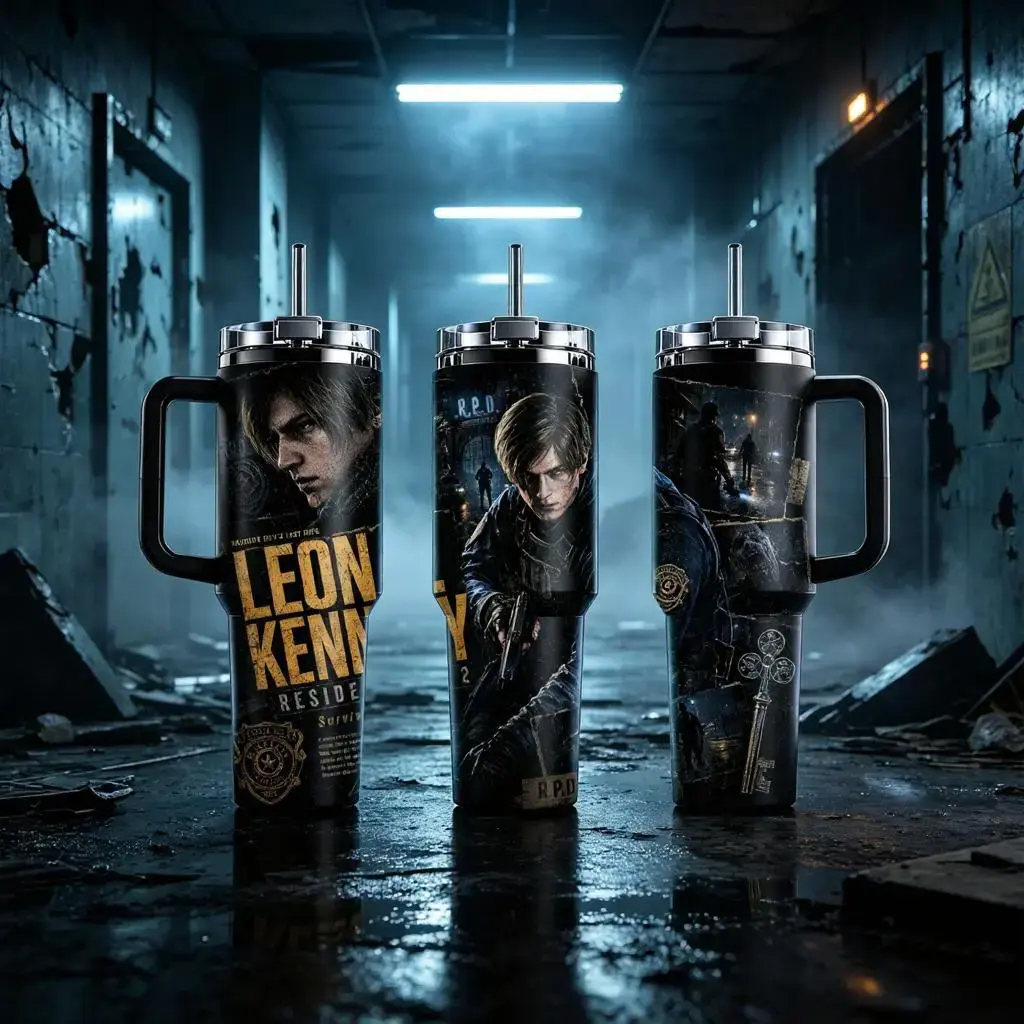 Leon S. Kennedy Tumbler 40oz with Handle 20oz Skinny Insulated Cup R.P.D. RE2 Remake Gaming Merch Stainless Steel Water Bottle Gift for RE2 Fans Gamer Gear Raccoon City Coffee Mug