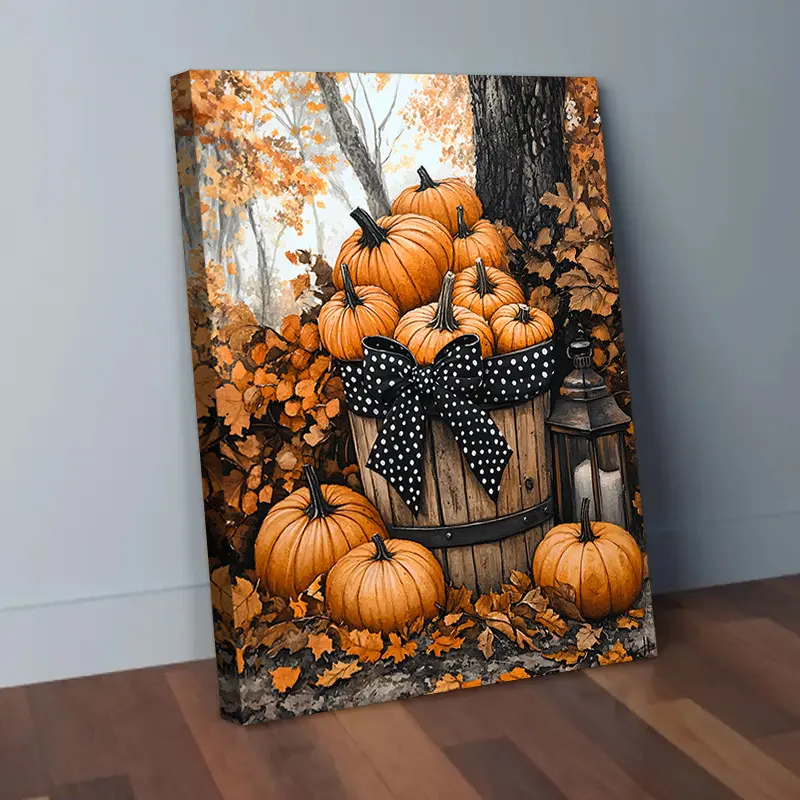 Framed Canvas Artwork Featuring a 2D Flat Design, Perfect for Thanksgiving. This Autumn-Themed Piece Showcases a Pumpkin Landscape, Ideal for Farmhouse Decor.