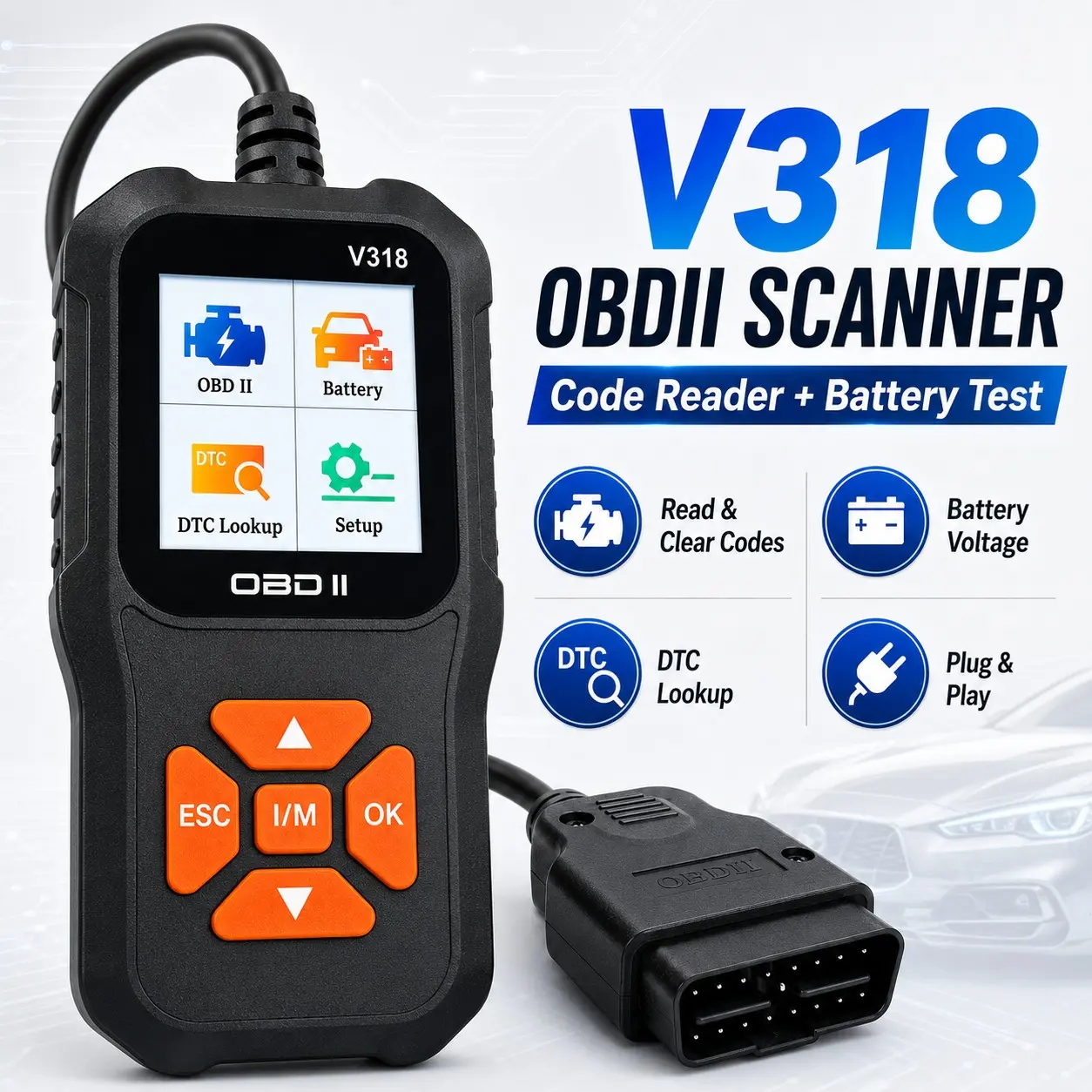 OBDII Car Scanner, Engine Fault Code Reader, Diagnostic Tool with Battery Voltage Test, I/M Readiness, Freeze Frame, DTC Lookup