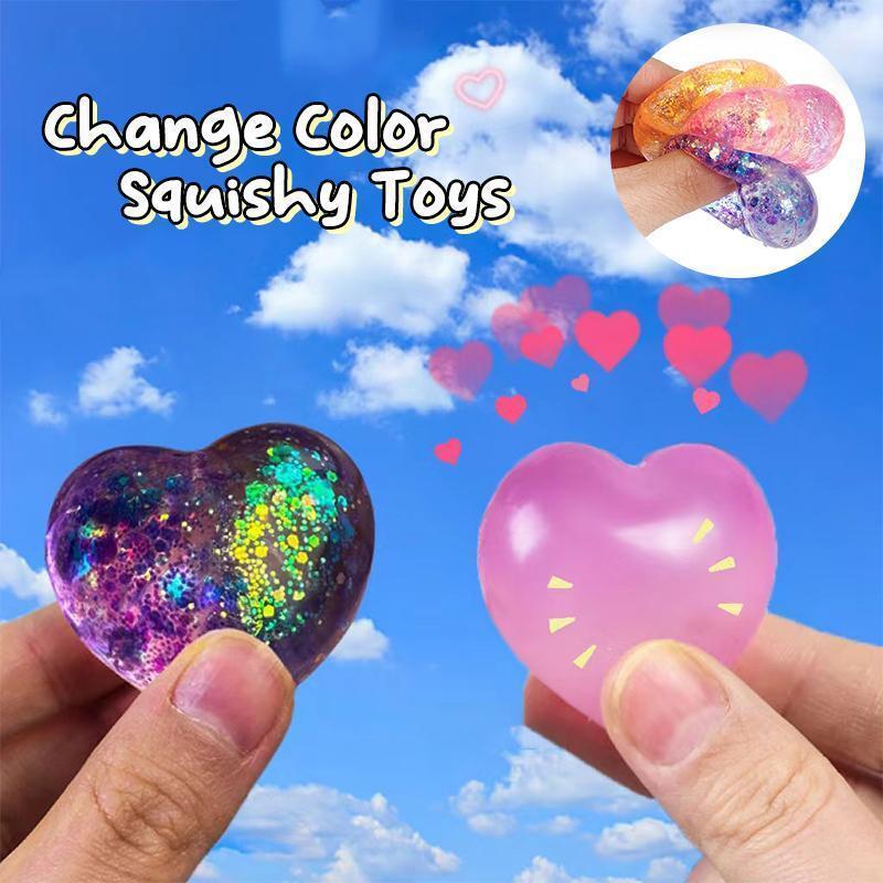 1Pc Changing Color Heart Squeeze Toy Sequins Love Fidget Toy Squishy Pinch Kneading Toy Stress Reliever Toy Kid Party Favor Heart Shaped Slow Rebound Toy