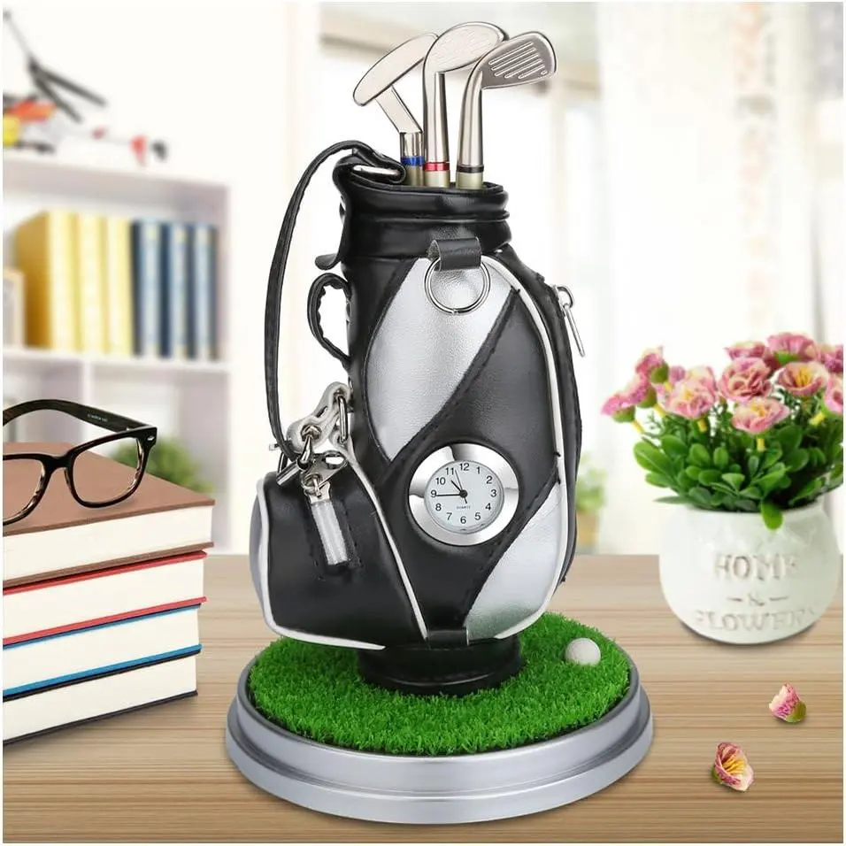 Golf Pen Holder Desk Accessories for Golfers, 3 Club Pens Mini Golf Bag Office Decor, Funny Stocking Stuffers on Birthday, Christmas, Fathers Day (Golf Bag)