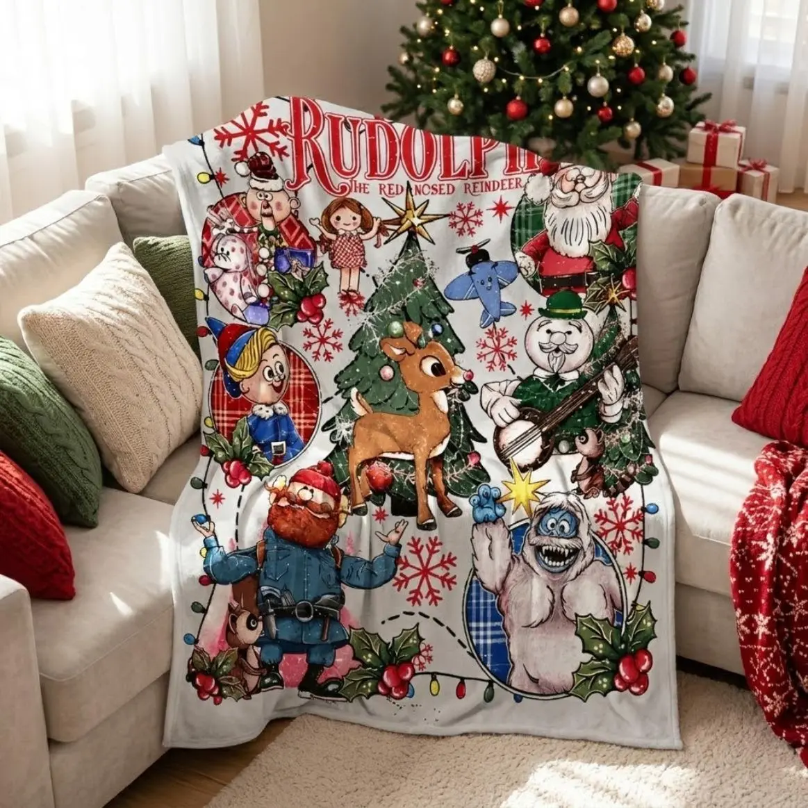 Christmas Reindeer Flannel Throw Blanket for Adults And Kids, Soft Cozy Warm Fleece Blanket for Sofa Couch Bed, Holiday Home Decor, Winter Family Movie Night Blanket, Christmas And New Year Gift