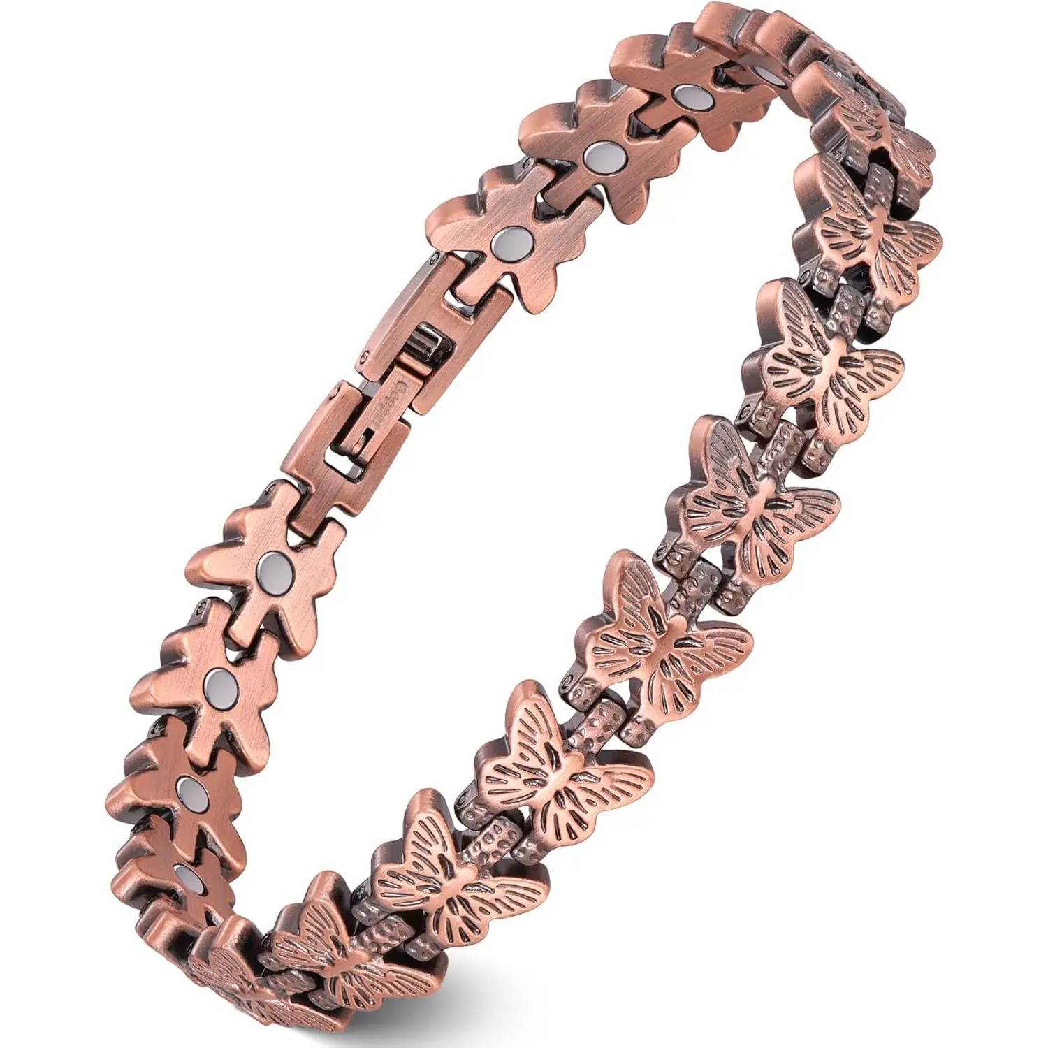Women's Pure Copper Butterfly Bangle - 3800 Gauss Magnetic, 17-22 cm Adjustable with Length Adjuster, Butterfly Engraved, Daily Female Jewelry Gift
