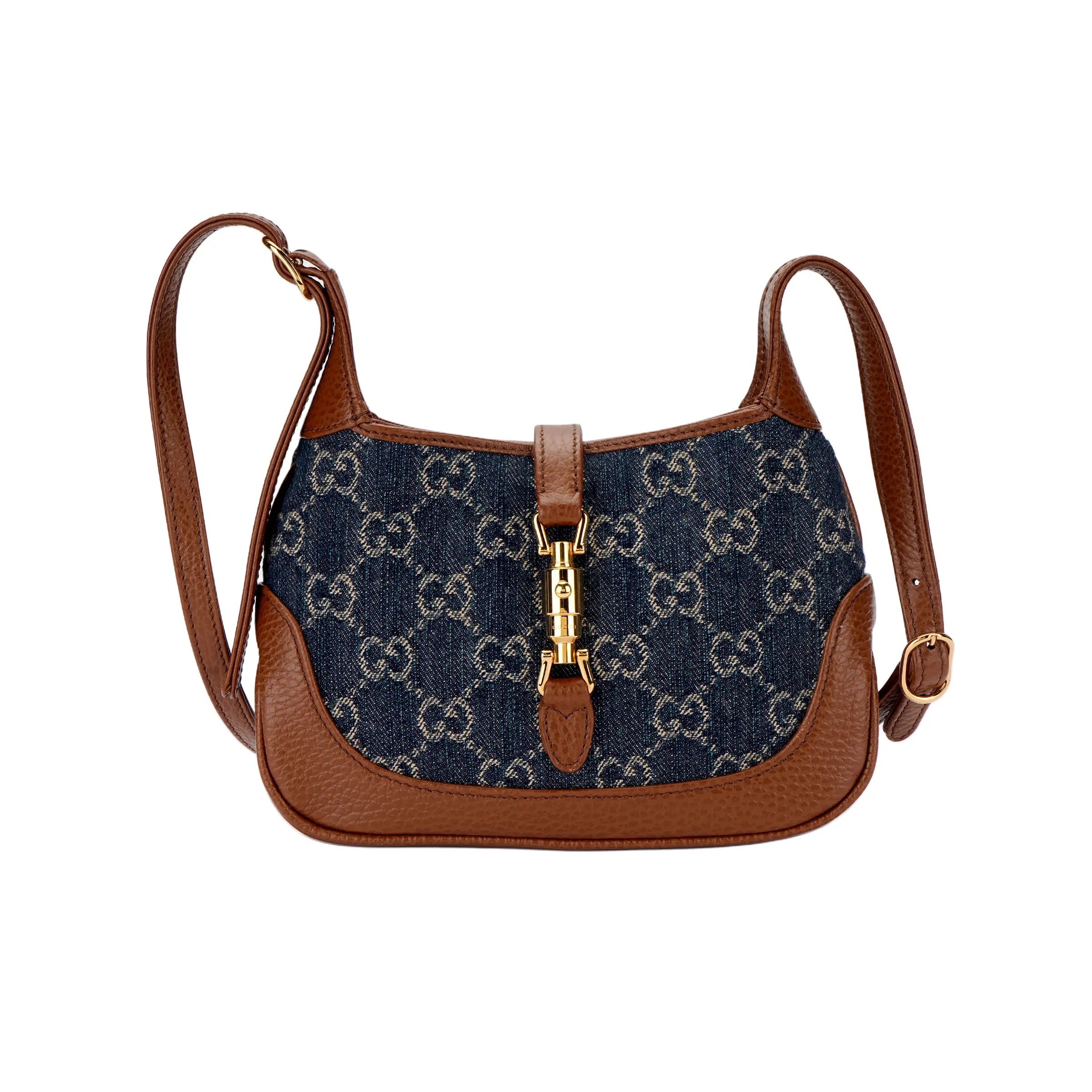 Gucci Jackie 1961 Handbag for Women – Gray and Blue Canvas with Leather Trim, Gold-Tone Lock Closure, Detachable Strap