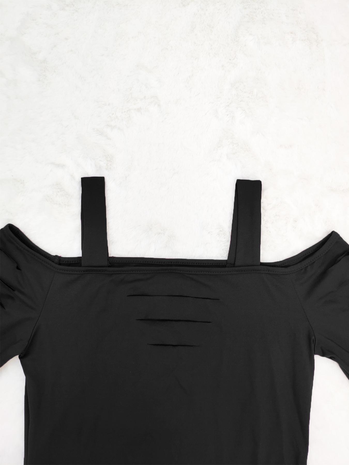 Women's Cut Out Shoulder Three Quarter Sleeve T-Shirt, Side Ruched Design, Soft Elastic Fabric, Casual Daily Wear