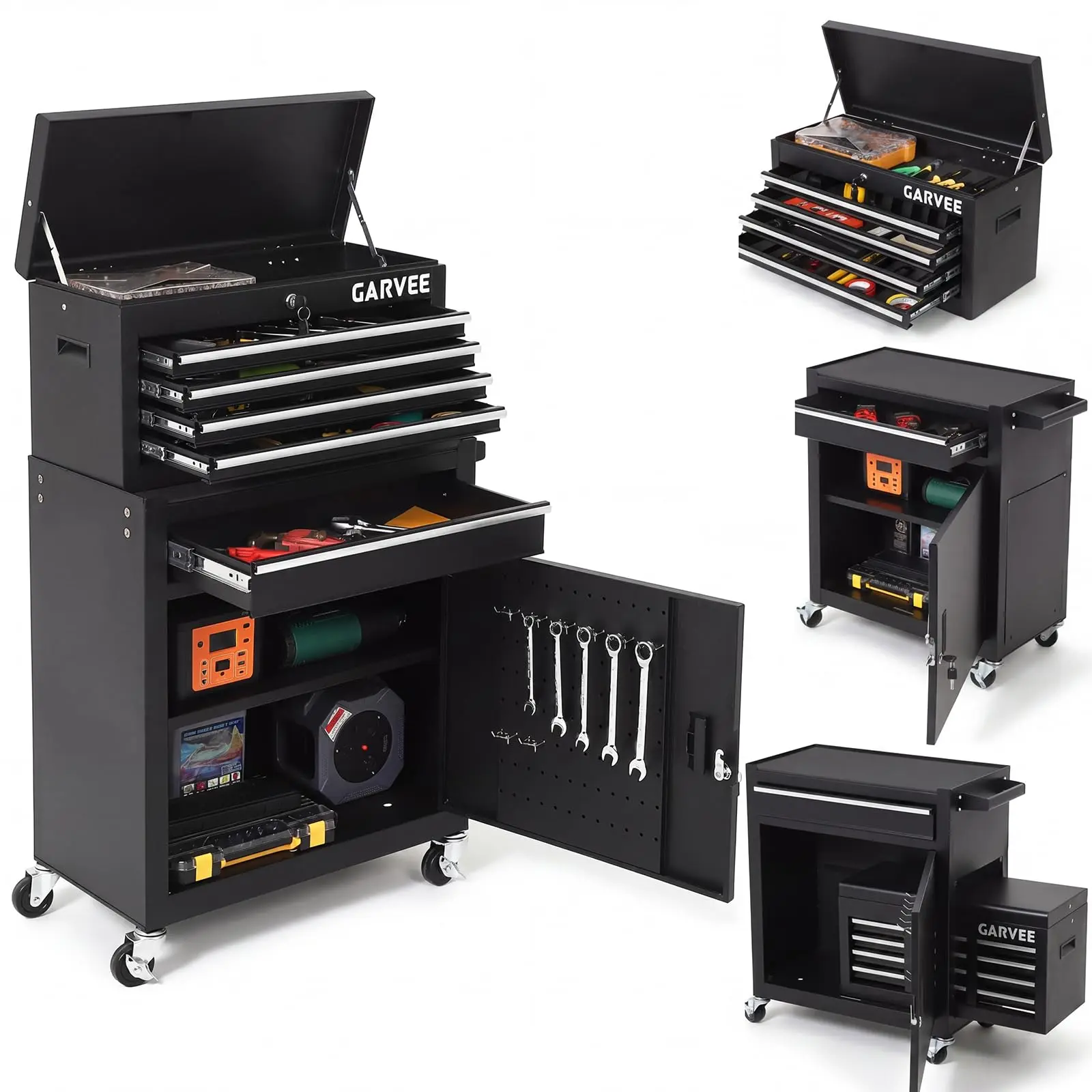 Red Heavy-Duty 5-Drawer Rolling Metal Tool Chest Cabinet - Organizer Storage with Sliding Drawers, Protective Liner, Side Armrest, 3-in Wheels, Slides for Garage Workshop