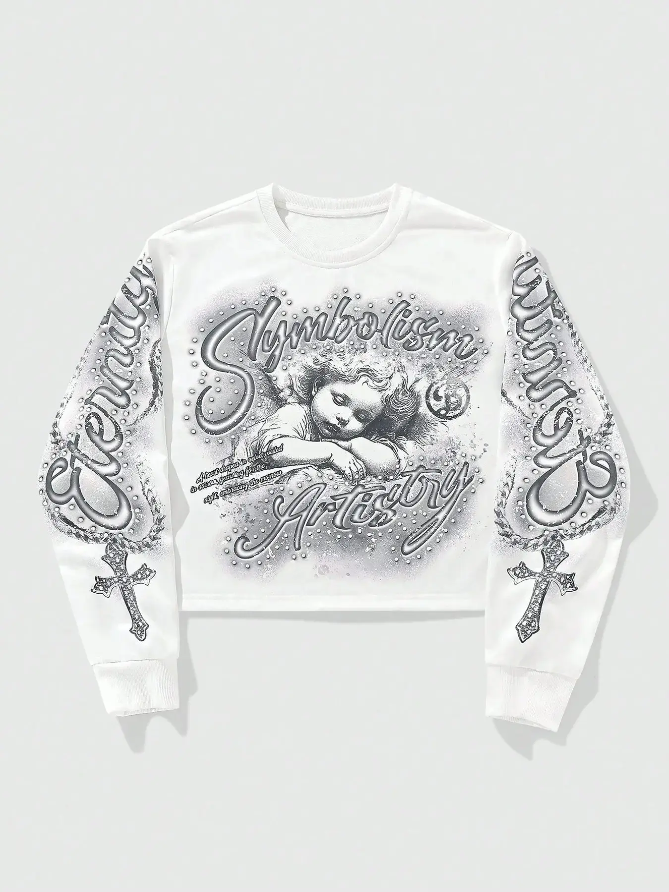 Men's Cropped Sweatshirt Vintage Americana Streetwear Angel Graphic Print Cross Sleeve Details Crewneck Pullover Top for Male