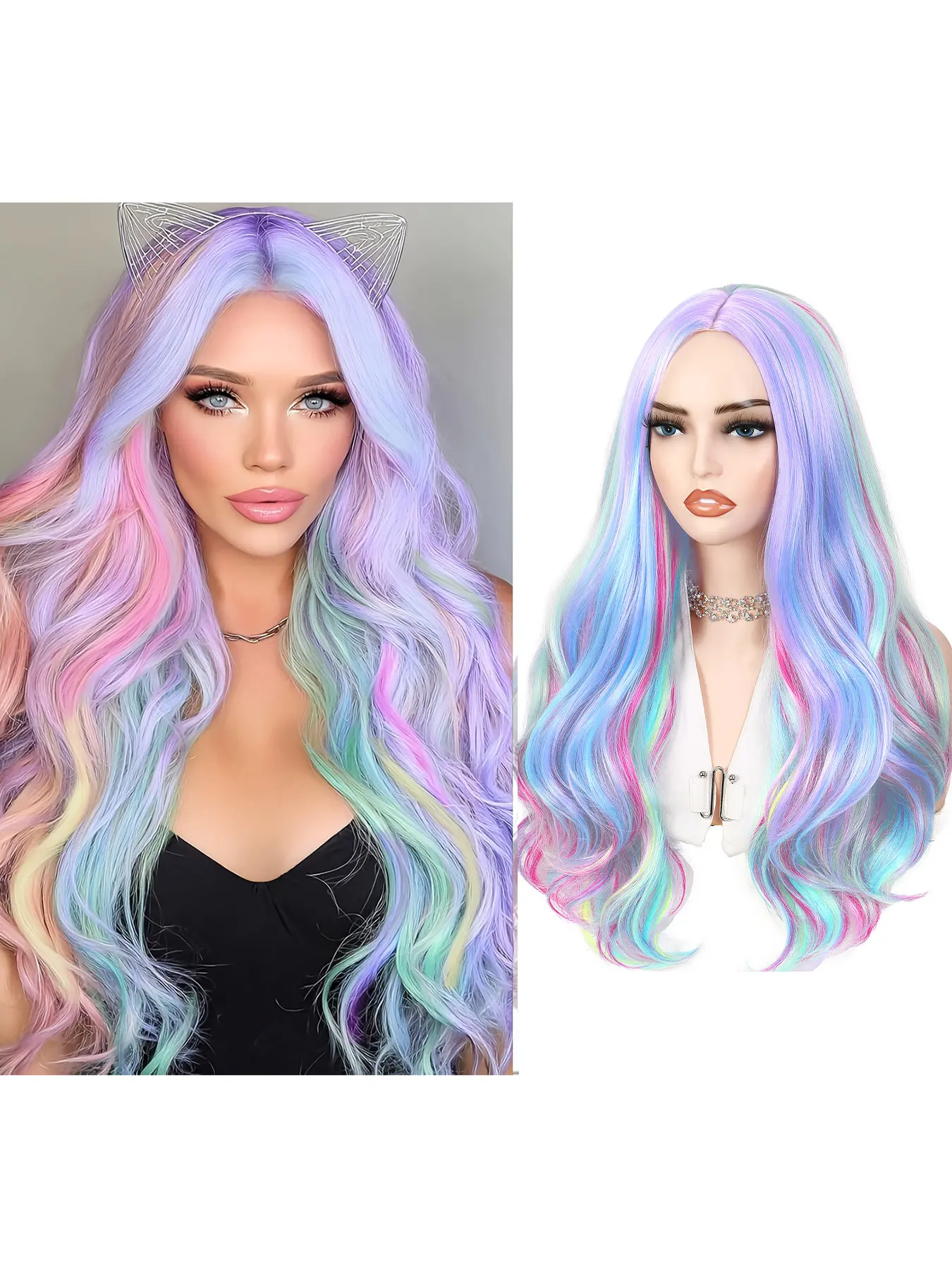 Long Rainbow Color Wavy Hair Wig, Dreamy Unicorn Color, Multi-Color Pastel, Mermaid Hair Wig for Women, Carnival, Music Festival, Theme Parties, Halloween Cosplay
