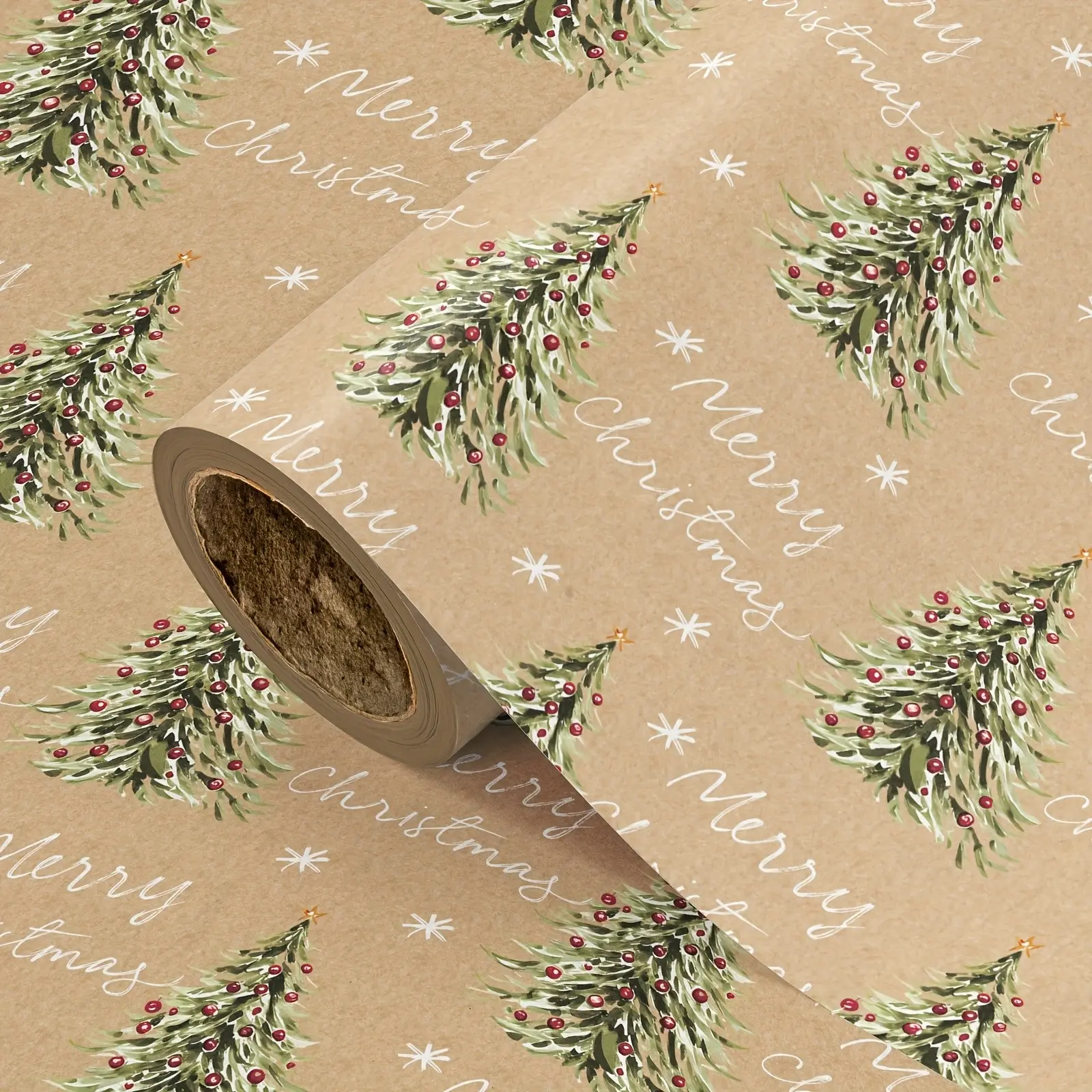 1 Roll Kraft Christmas Tree Gift Wrapping Paper, Watercolor Christmas Tree & "Merry Christmas" Print Gift Wrap Roll for Festive Christmas Holiday, Party, DIY Craft Decor, 43.2cm x 500cm