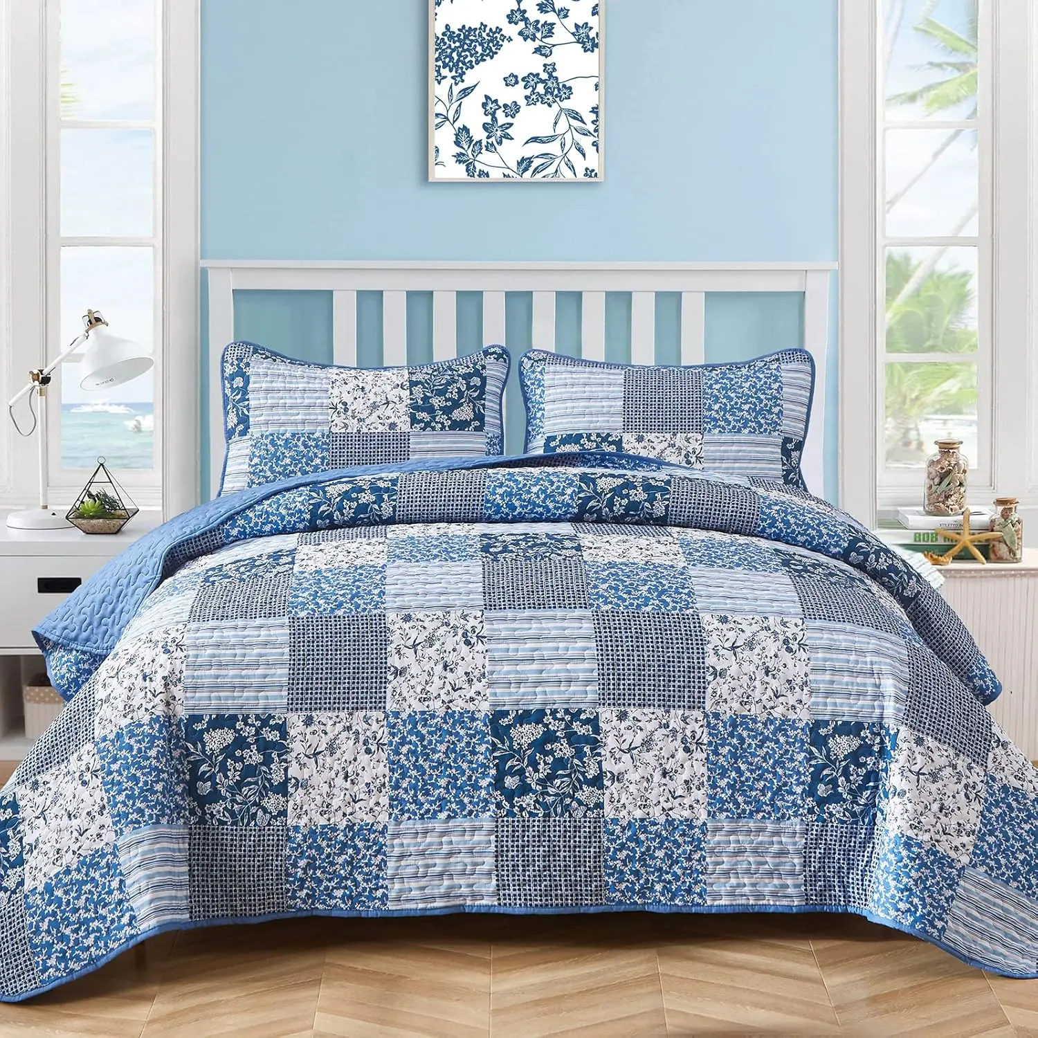 Blue Boho Set Queen Size,3 Pieces Floral Bedspread Coverlet Set for All Season,Patchwork Reversible Bedding Set Queen 90"x96"