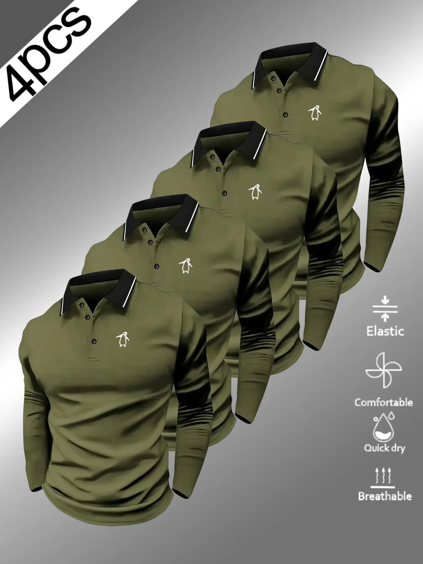 Men's Golf Long Sleeve Polo Shirt, Penguin Pattern Print, Fitted Collared Top, Breathable Casual Wear, All-Season Comfortable Upper Garment