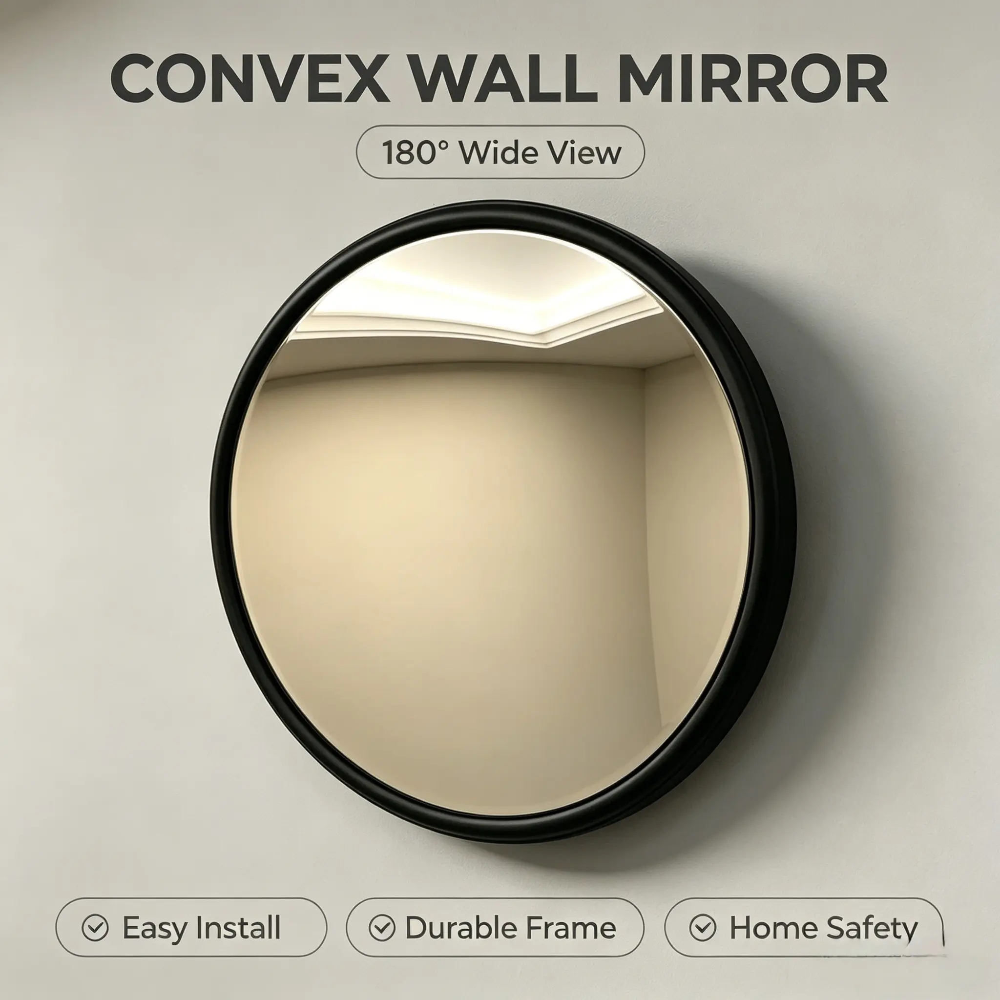 Round Black Frame Convex Wall Mirror, Mirrors for wall, 160° Wide Angle Panoramic Blind Spot Safety Mirror, Curved Spherical Security Mirror, Easy Wall Mount Decor Mirror for Hallway Entryway Apartment Store Warehouse, Shatterproof HD C