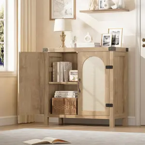 Rattan Sideboard Buffet Cabinet with Storage – Farmhouse Wooden Coffee Bar Console – Adjustable Shelves & Doors – Entryway, Kitchen, Dining, Living Room Hallway Furniture