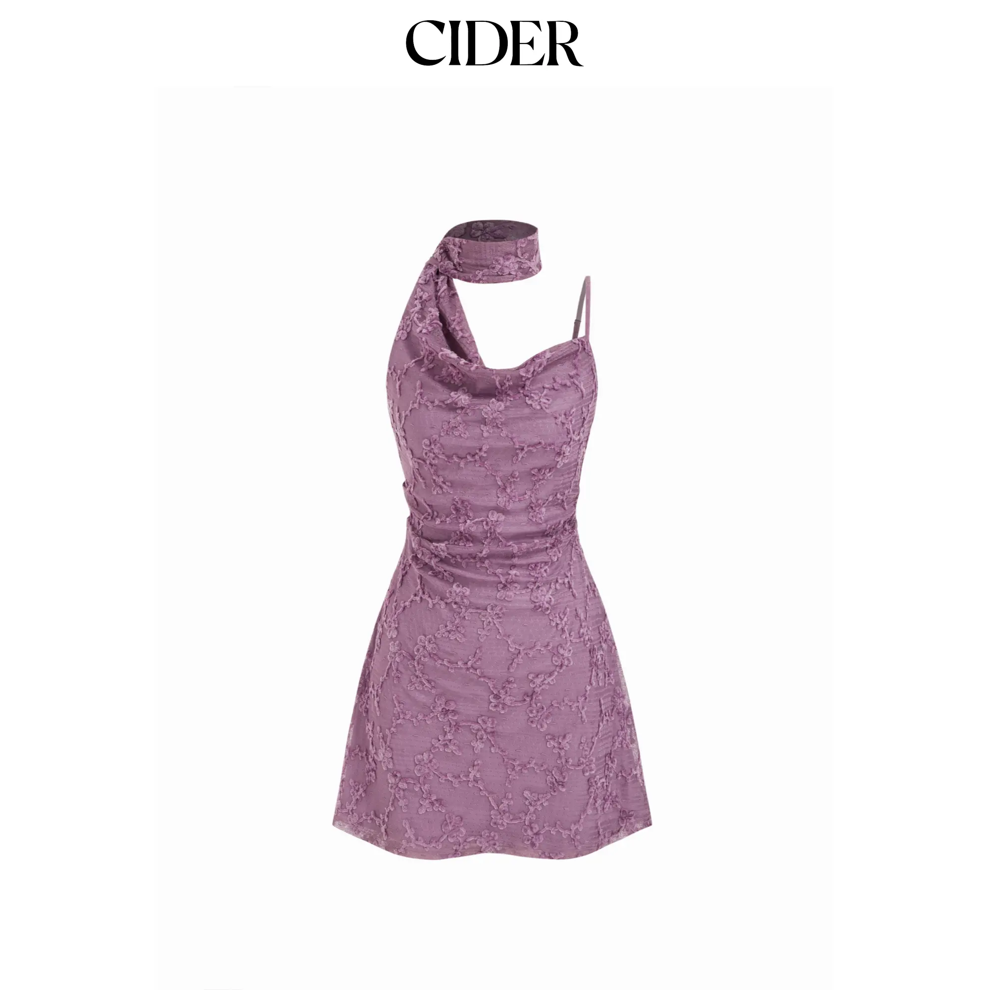 Cider Jacquard Mesh Asymmetrical Neck Ruched Mini Dress With Scarf SummerFinds