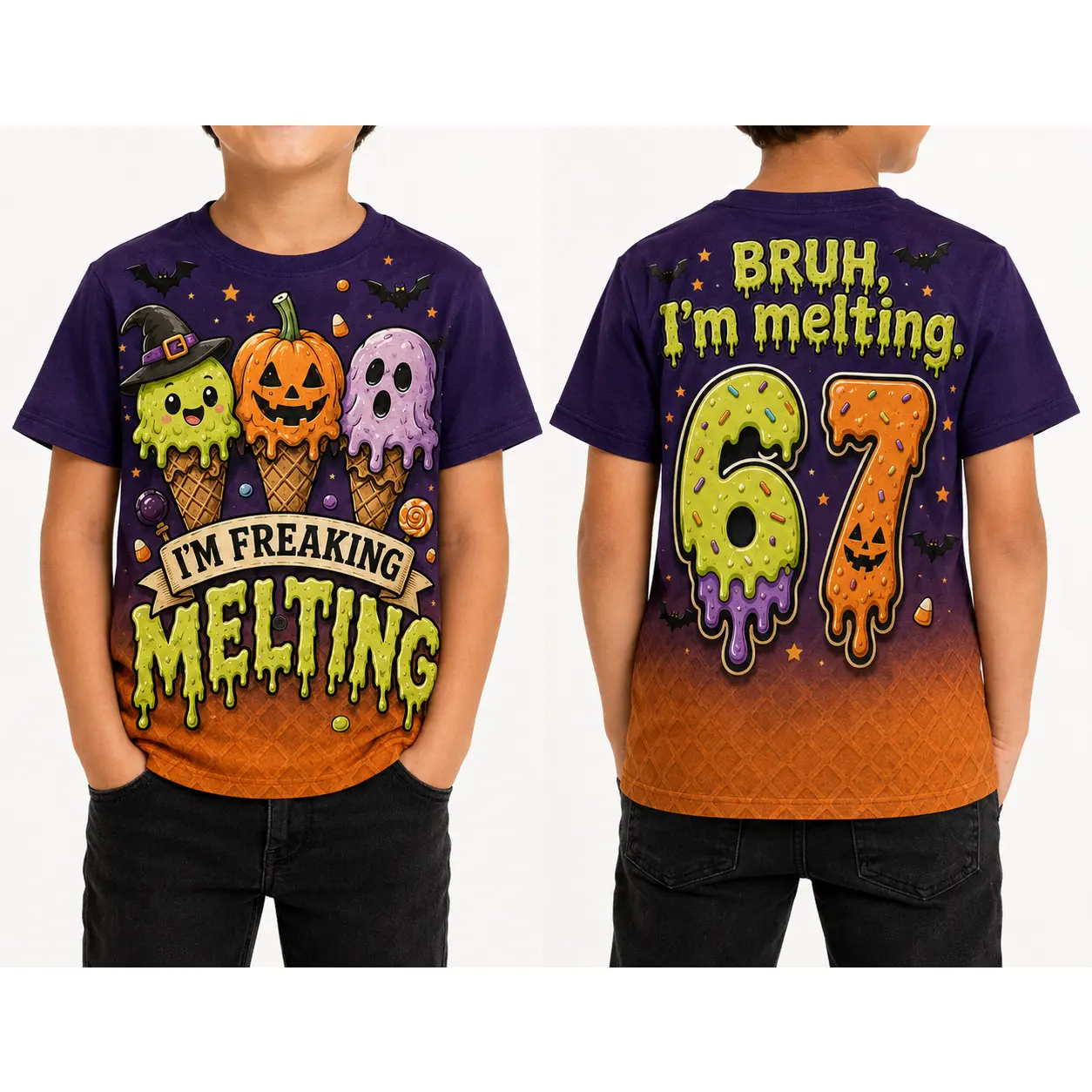 Spooky Stylish Short-Sleeve Casual Fabric Halloween Meme T-Shirt for Youth - "I'm Freaking Melting" 67 All-Over Print Crewneck, Melting Ice Cream & Pumpkin Design, Party Costume Top