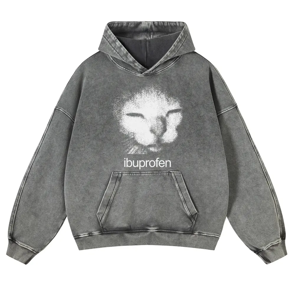 "Ibuprofen" Cat Meme Vintage Washed Hoodie, Cat Meme Vintage Graphic Hoodie Internet Meme Casual Style 380g Autumn VIntage Washed Hoodie Graphic Sweatshirt