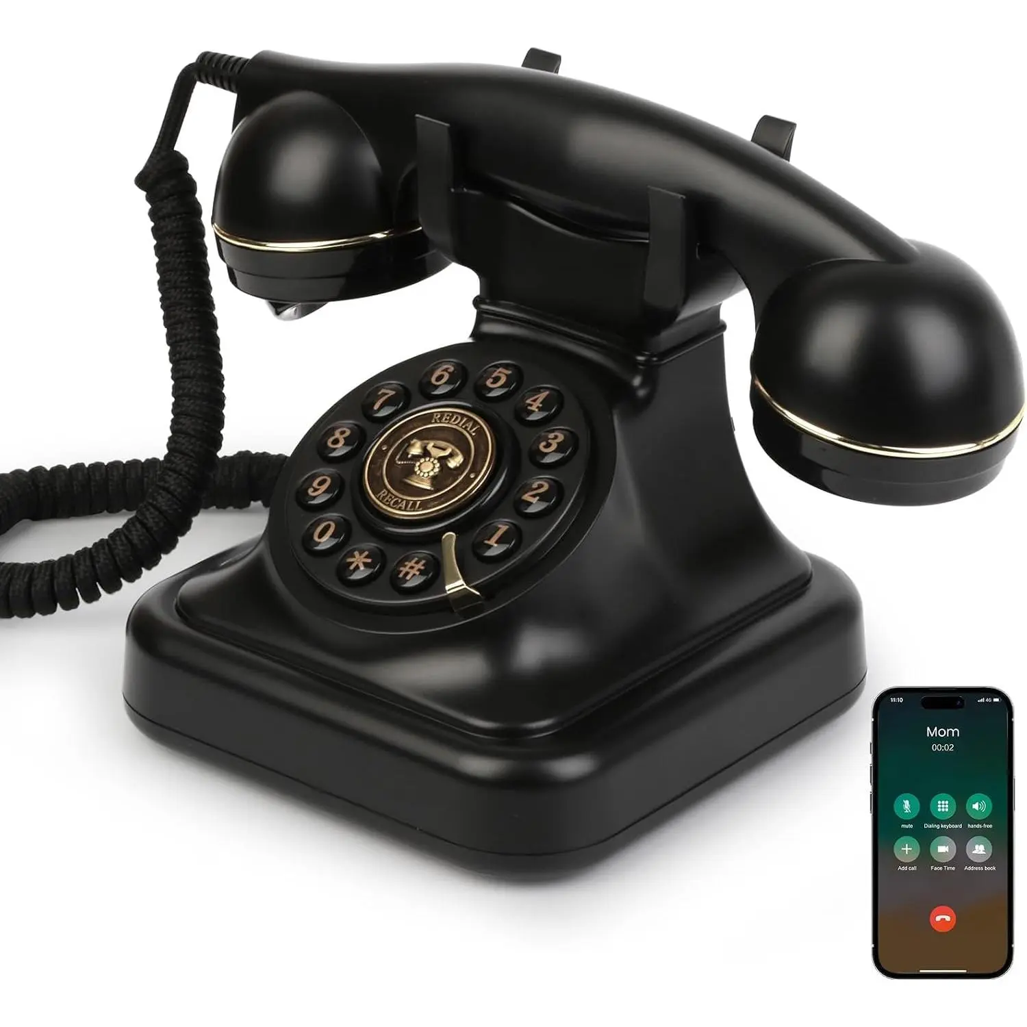Retro Phone with Speakerphone,  Landline Telephone,   Phone with USB Rechargeable Power, Hands-Free Calling &  Playback, Black