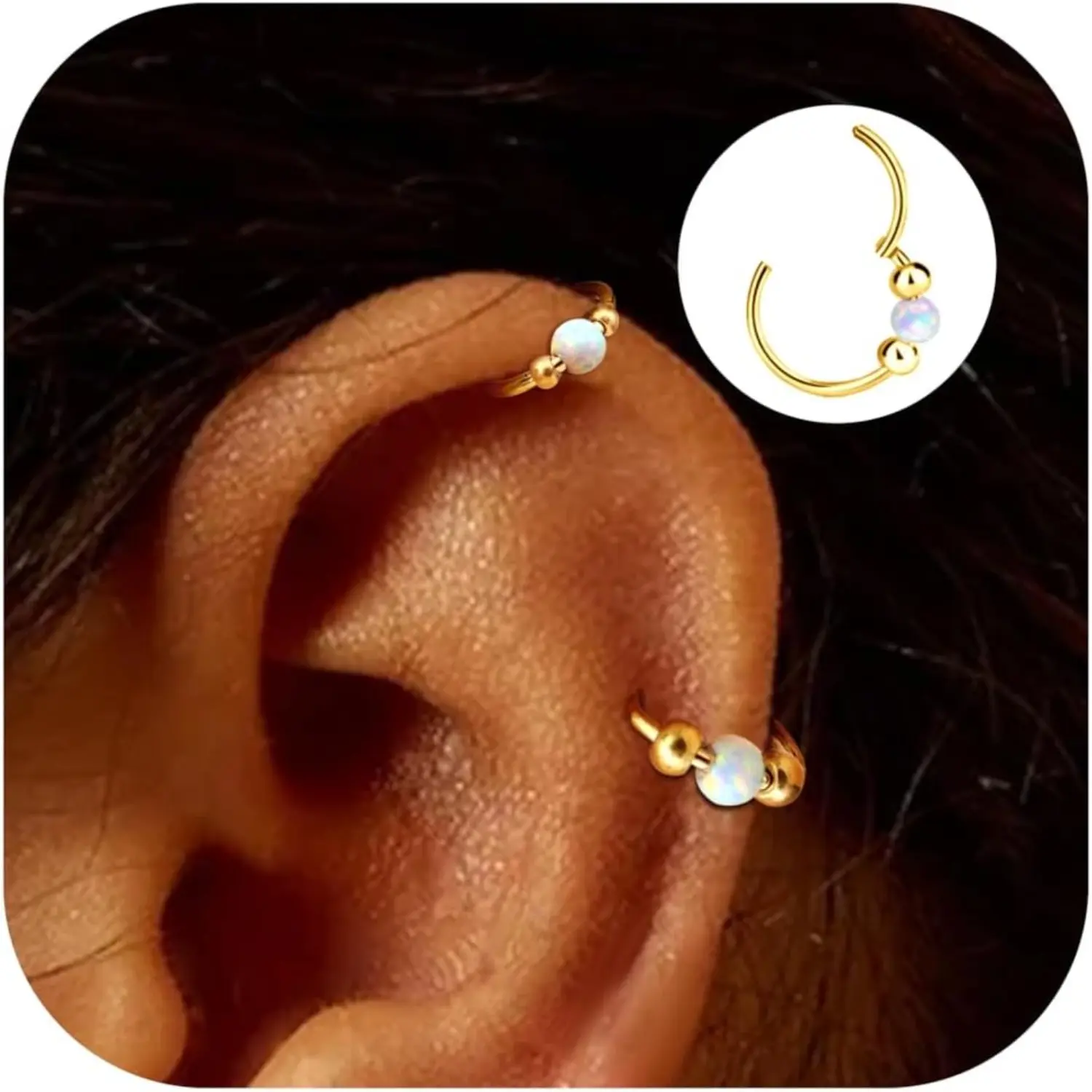 2Pcs Hypoallergenic 316L Surgical Stainless Steel Spiral Piercing Jewelry - Casual Daily Use Helical Hoop Earrings, Nose Septum Rings, Silver & Gold Opal Cartilage Tragus Daith Body Jewelry, 8mm